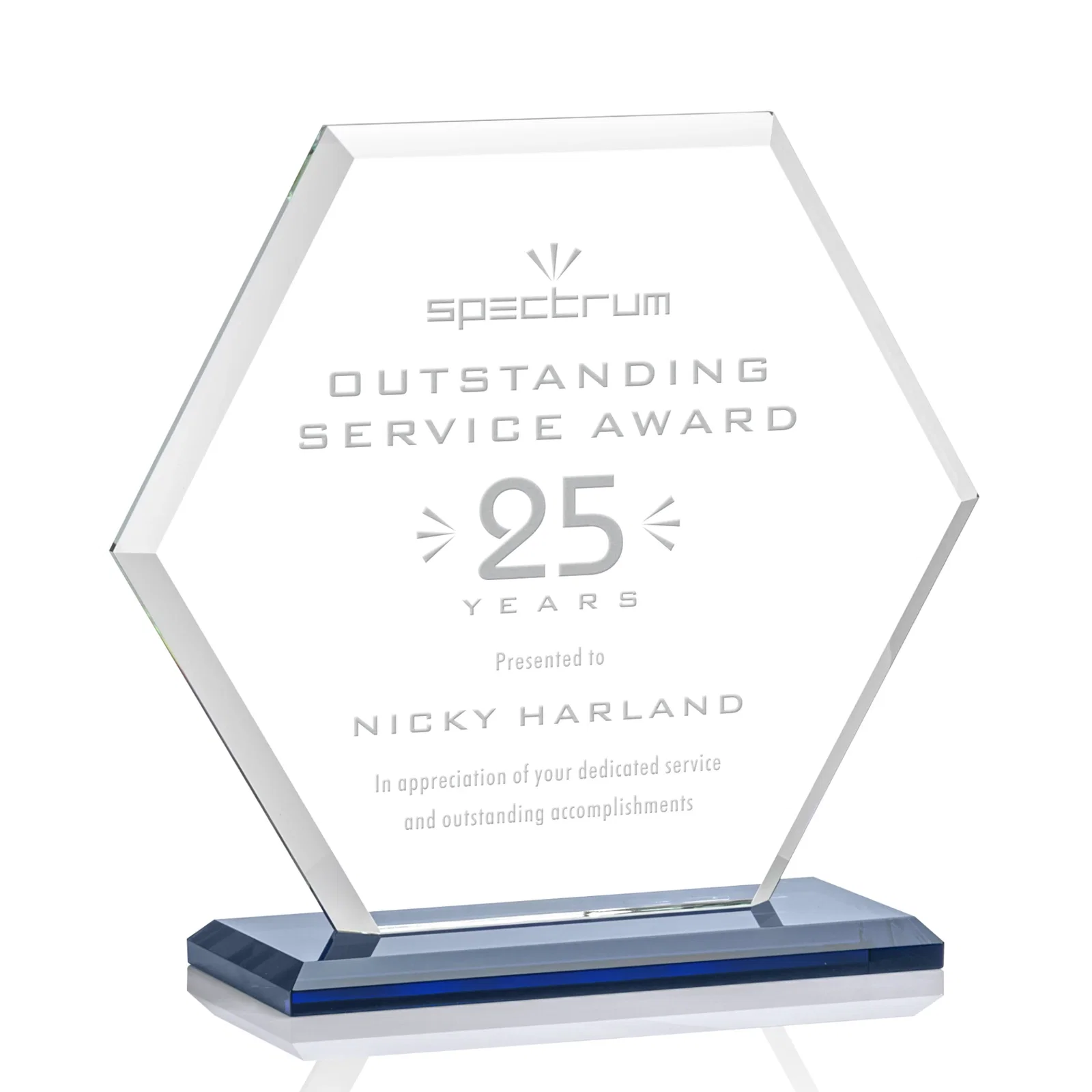 Personalized Starfire Crystal Hexagon Award with Deep Mitered Edges for team milestone celebrations