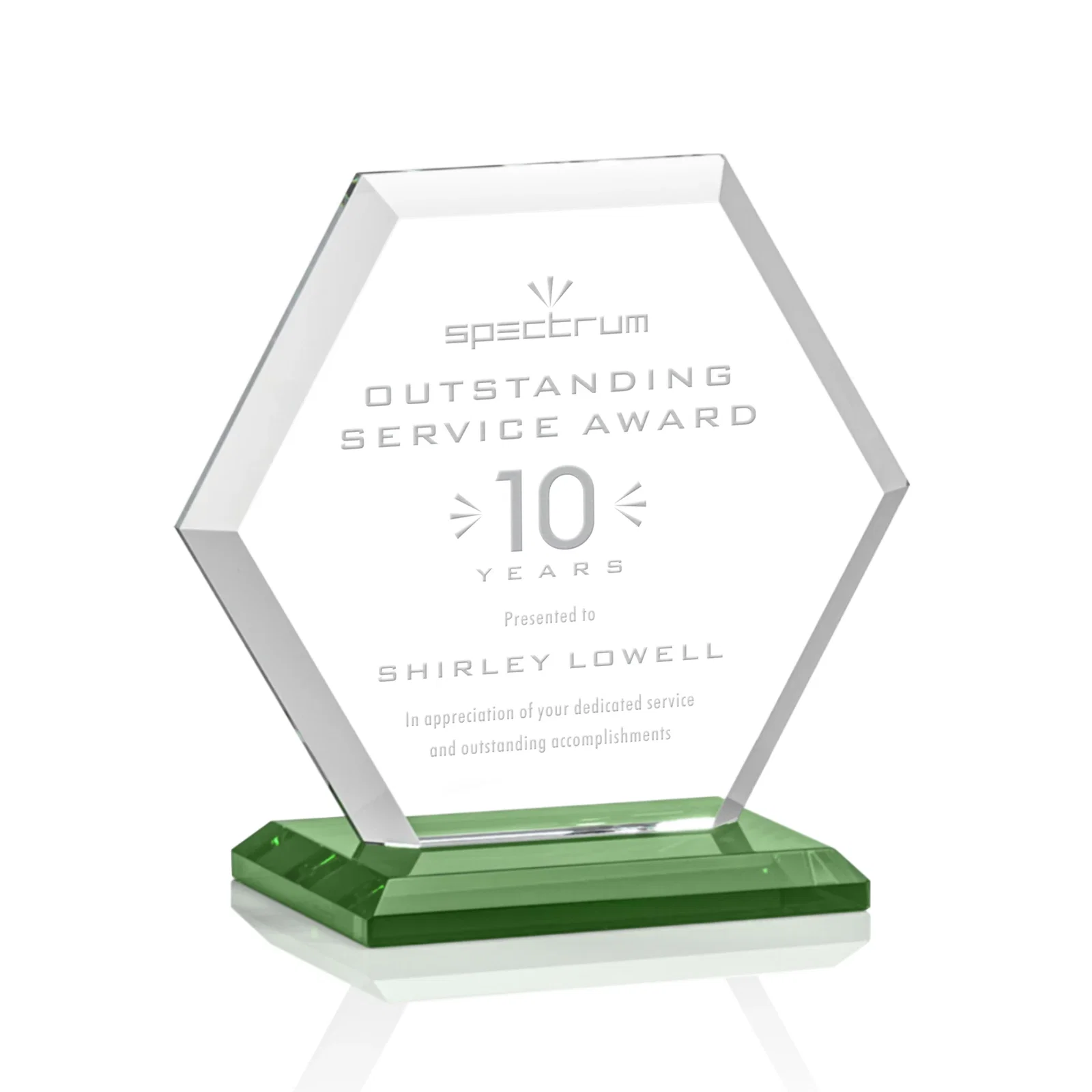 Personalized Starfire Crystal Hexagon Award with Deep Mitered Edges for safety achievement programs