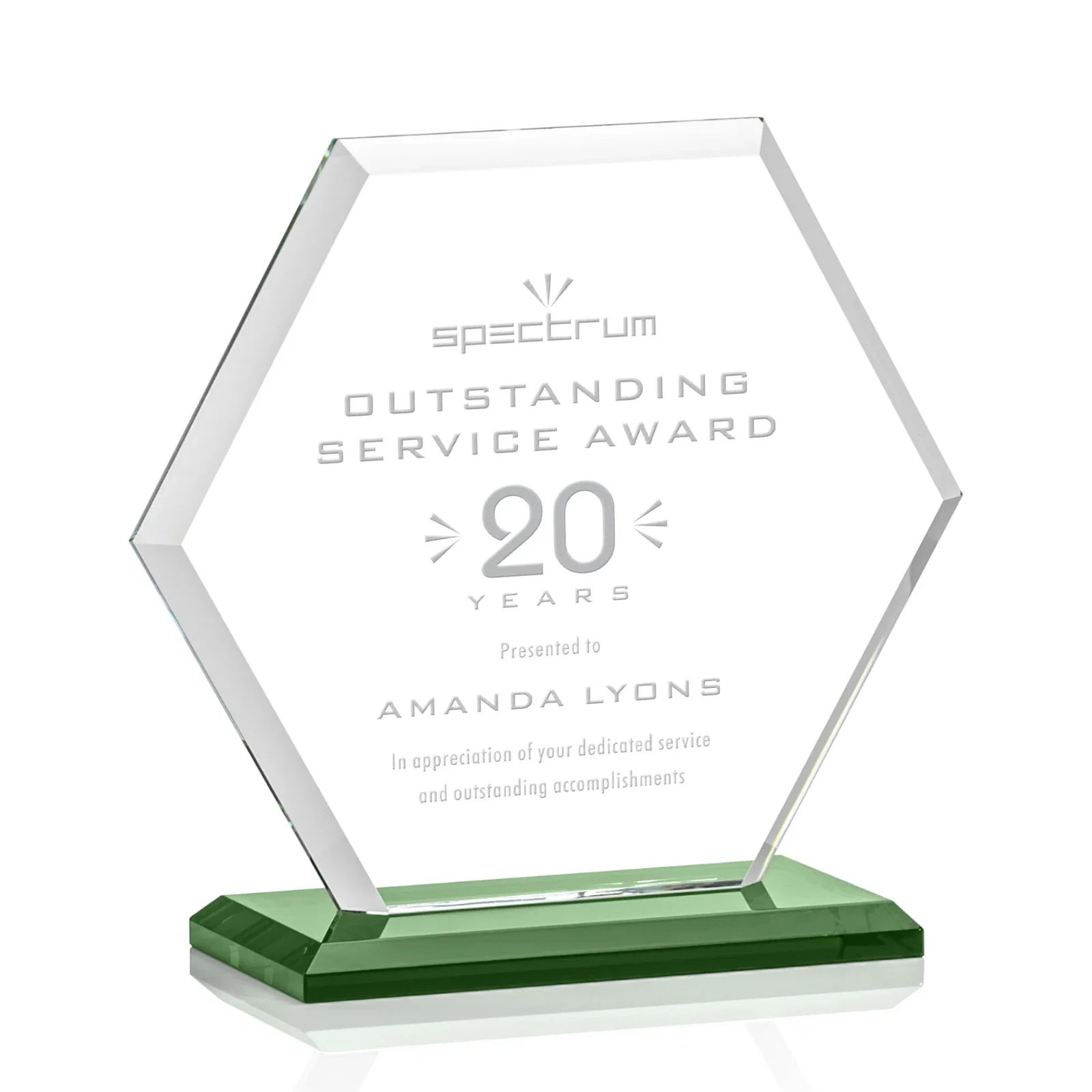 Personalized Starfire Crystal Hexagon Award with Deep Mitered Edges for dealer and partner awards