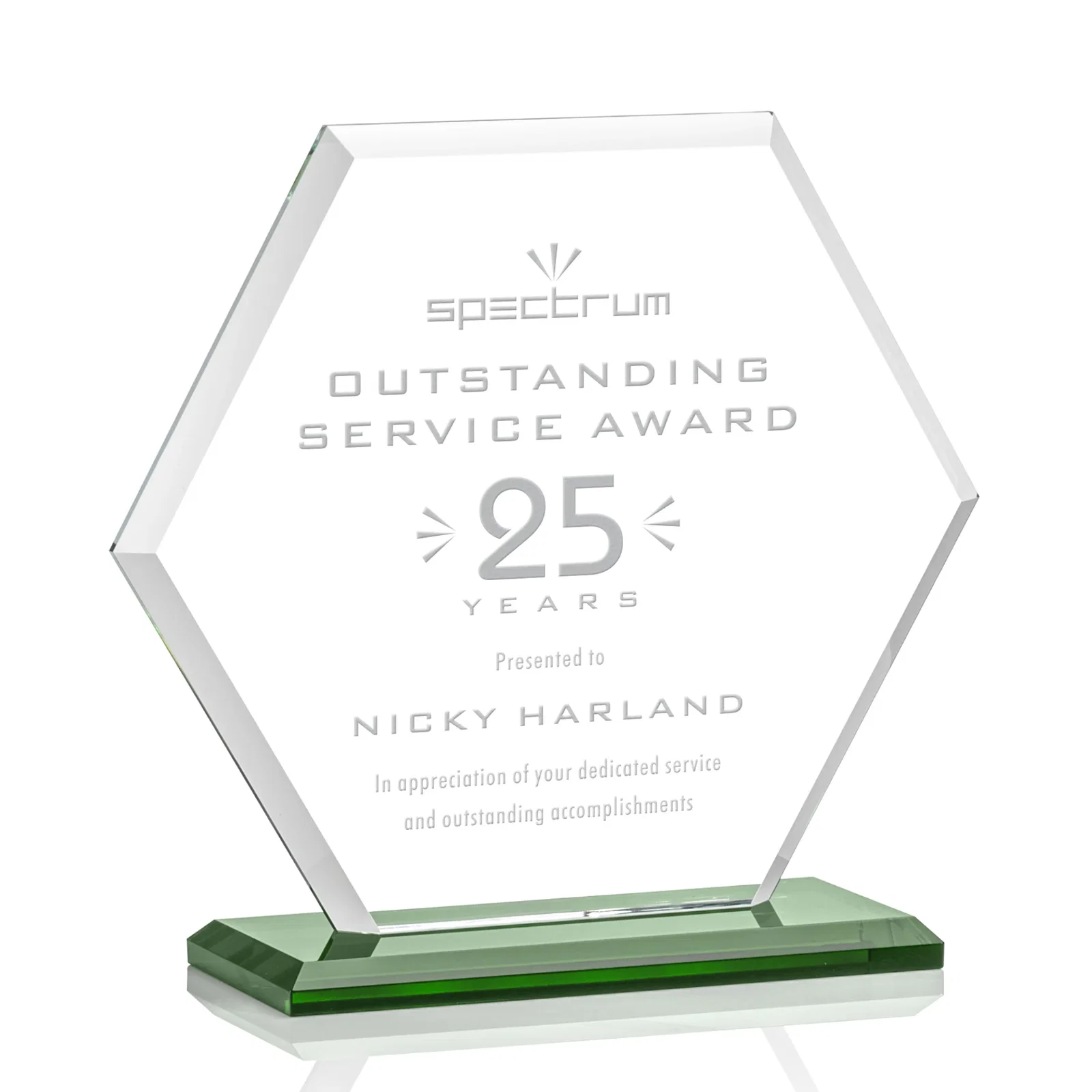 Personalized Starfire Crystal Hexagon Award with Deep Mitered Edges for company anniversary events