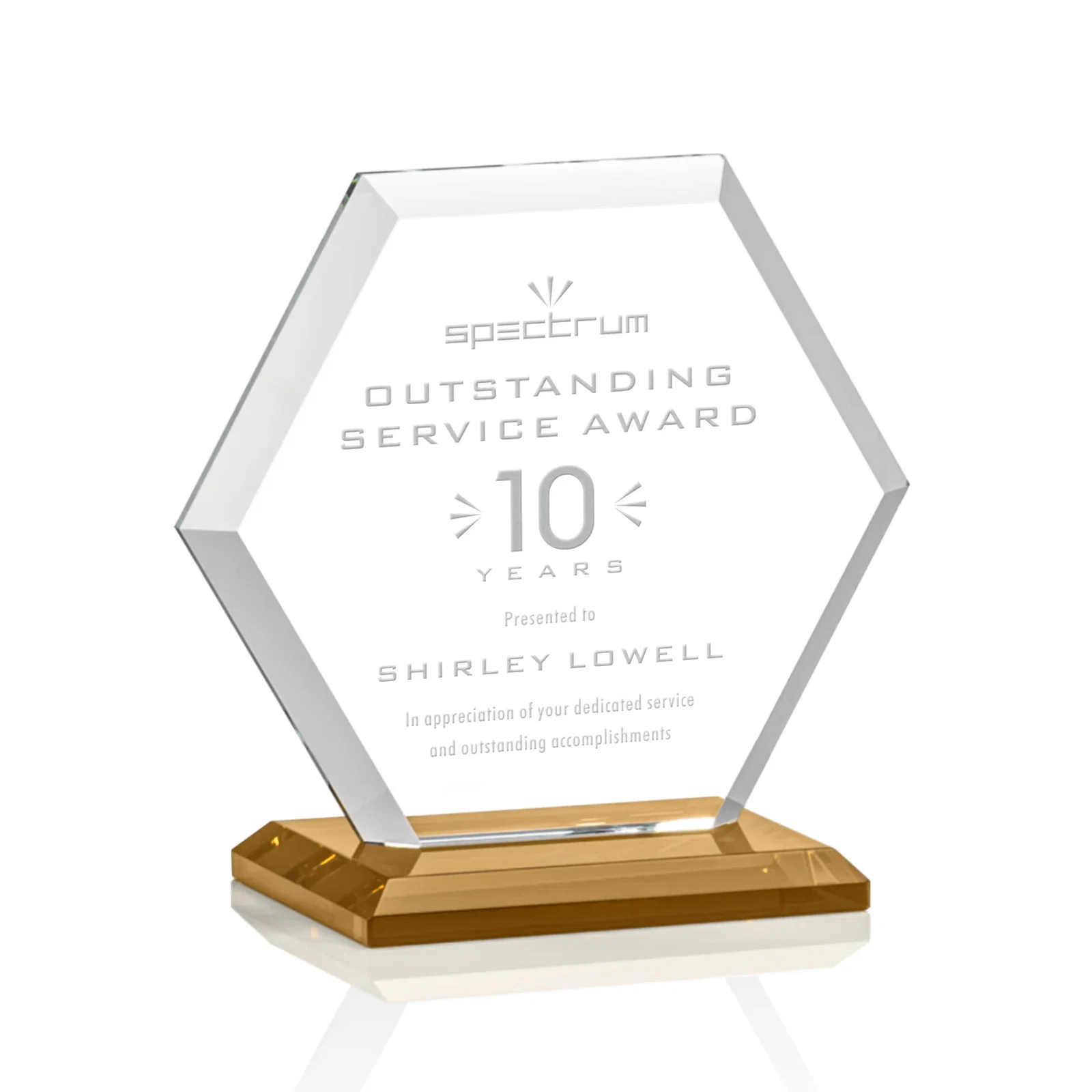 Custom Starfire Crystal Hexagon Award with Deep Mitered Edges for service anniversary gifts