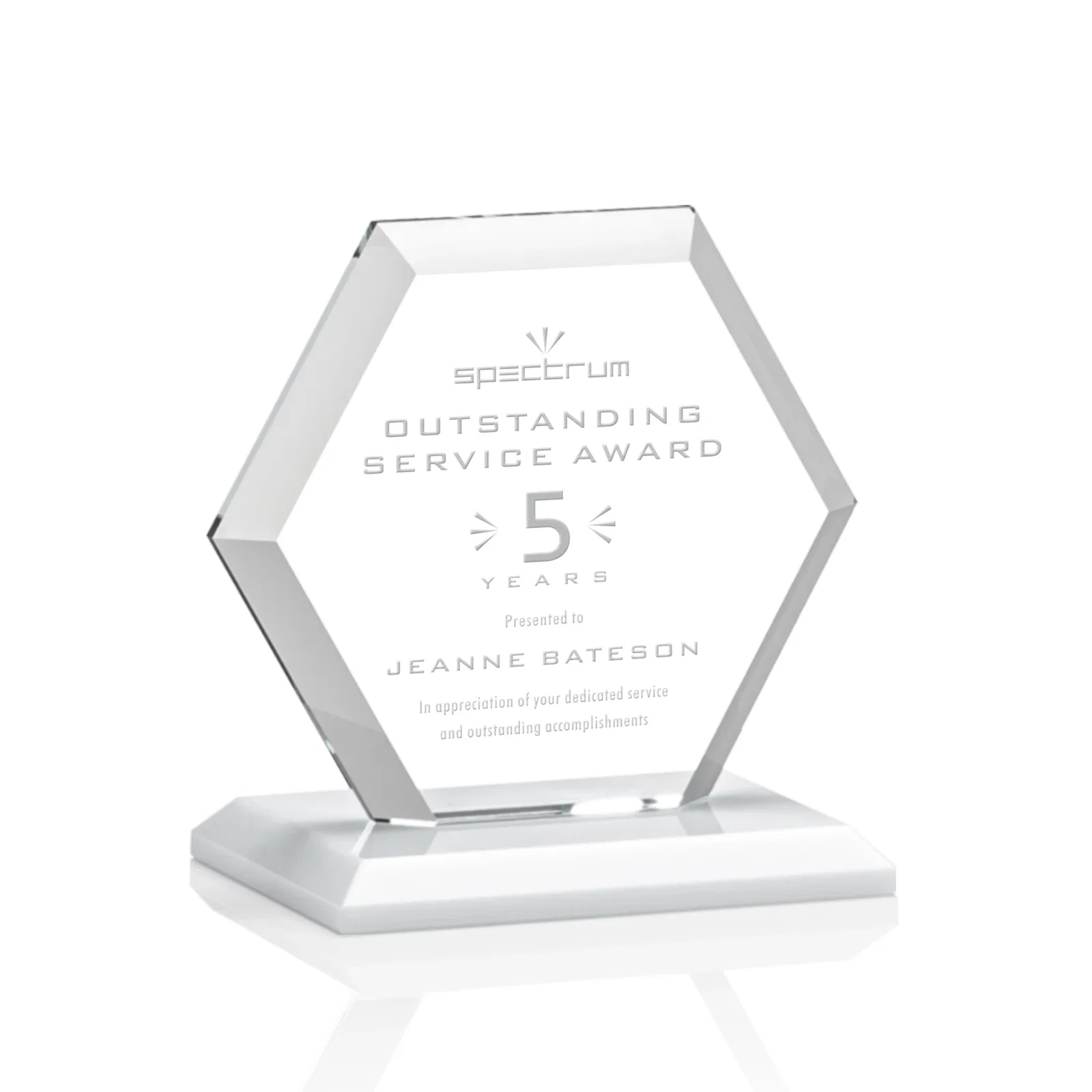 Branded Starfire Crystal Hexagon Award with Deep Mitered Edges for corporate award ceremonies