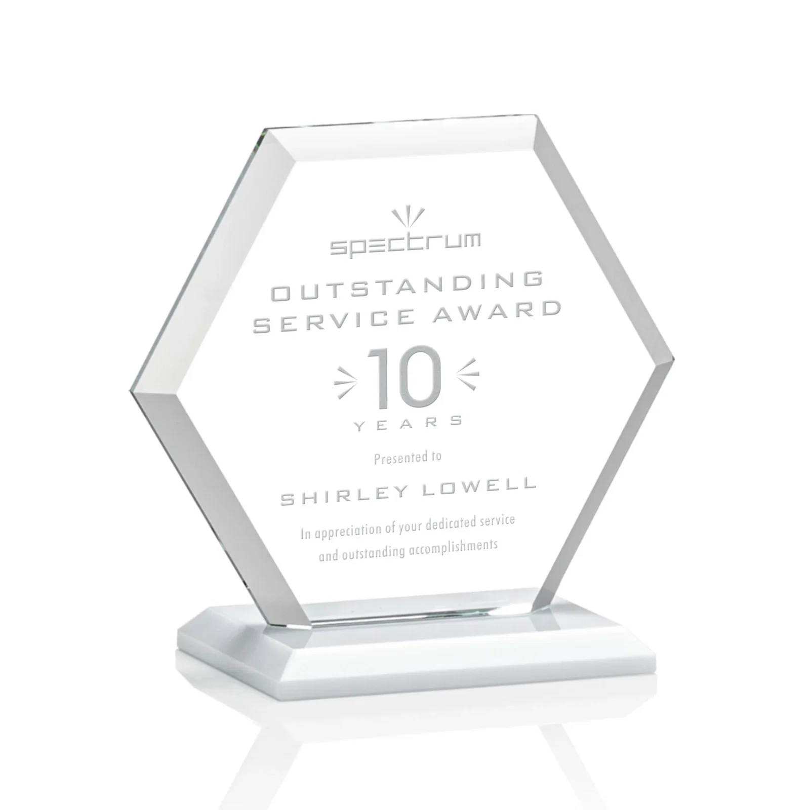 Branded Starfire Crystal Hexagon Award with Deep Mitered Edges for service anniversary gifts