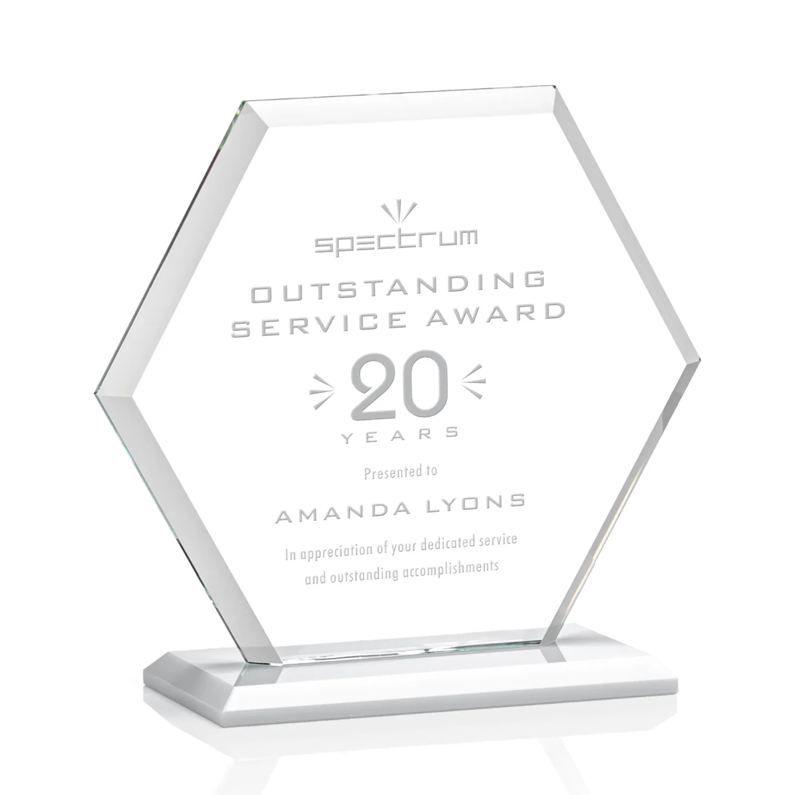 Branded Starfire Crystal Hexagon Award with Deep Mitered Edges for retirement presentations