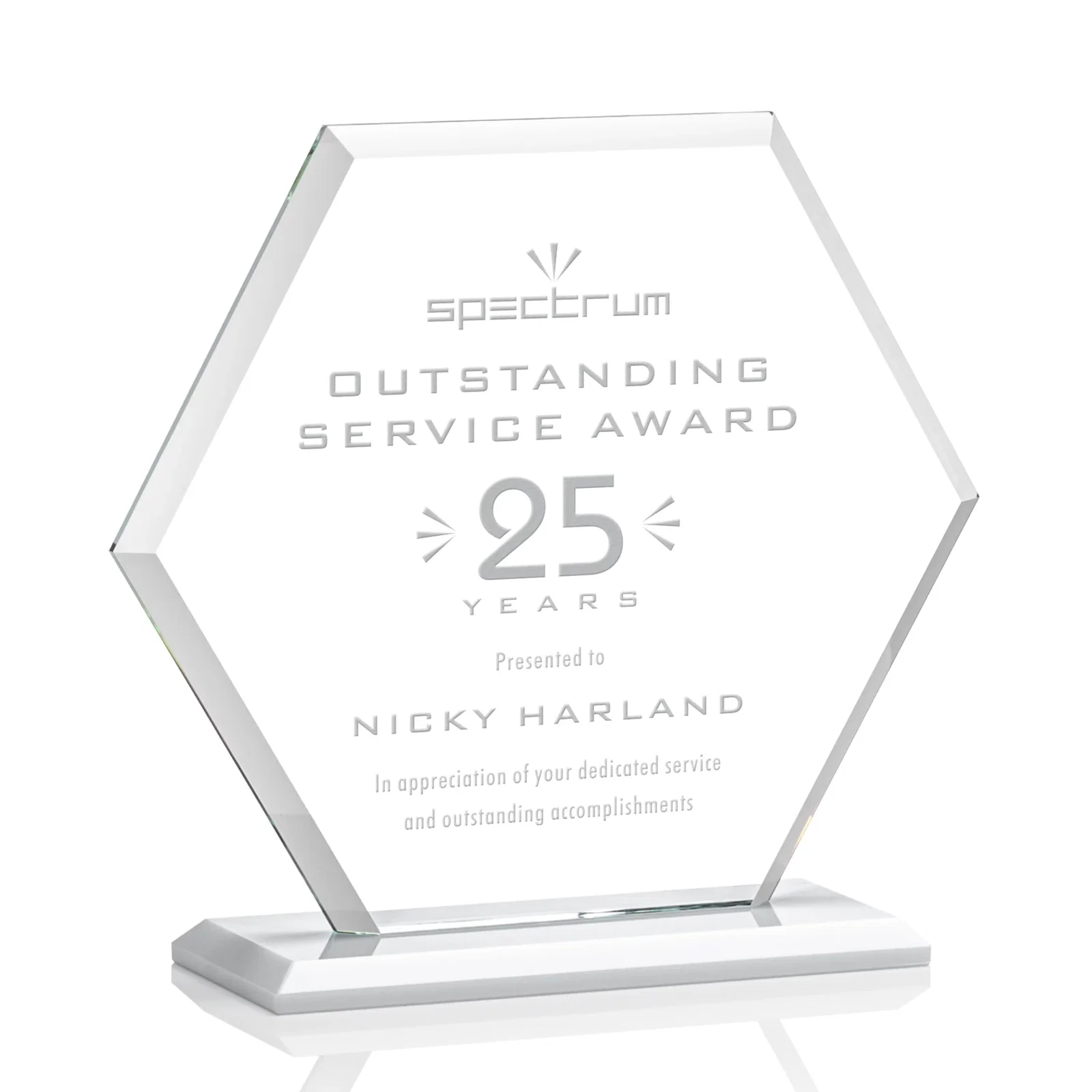 Branded Starfire Crystal Hexagon Award with Deep Mitered Edges for team milestone celebrations