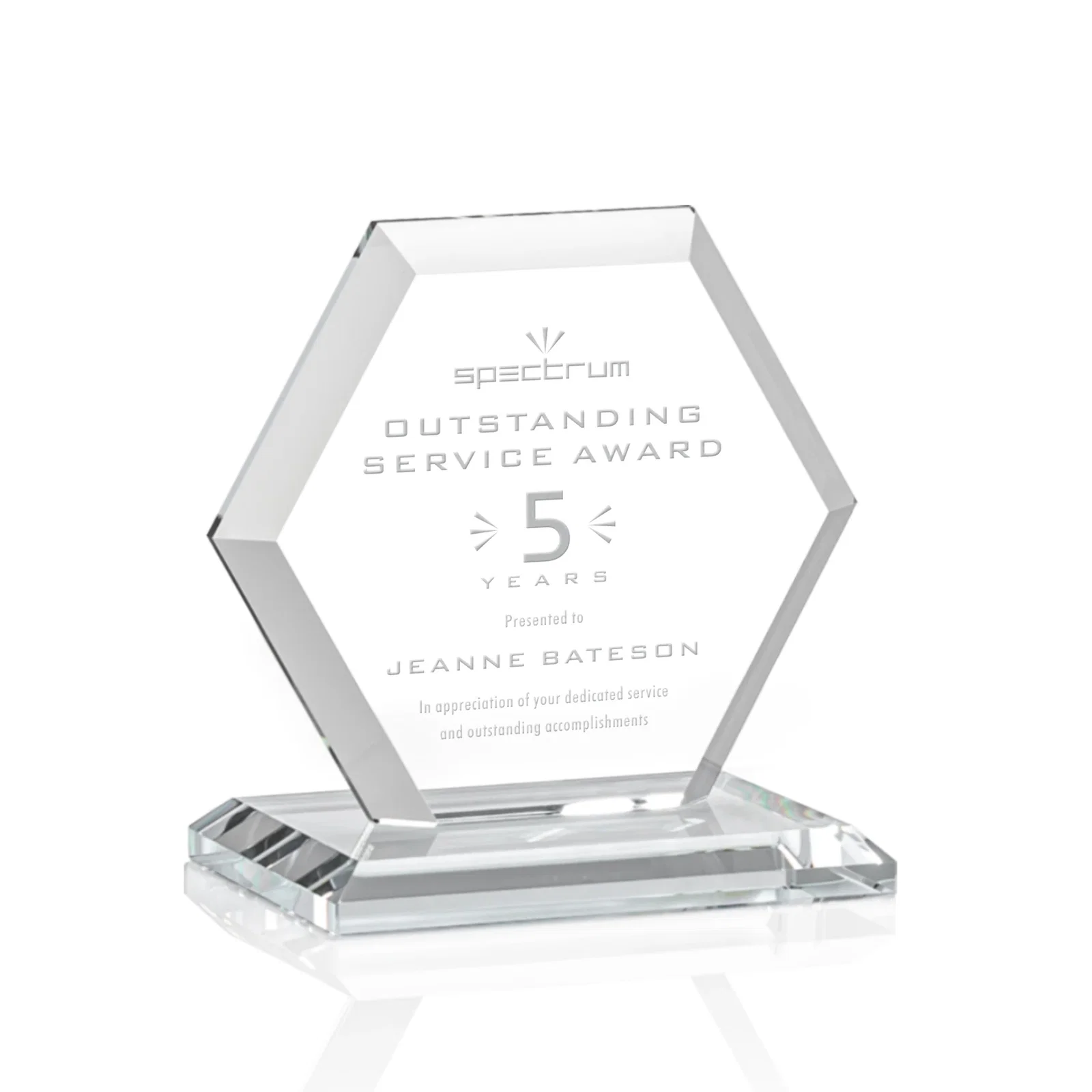Branded Starfire Crystal Hexagon Award with Deep Mitered Edges for graduation ceremonies