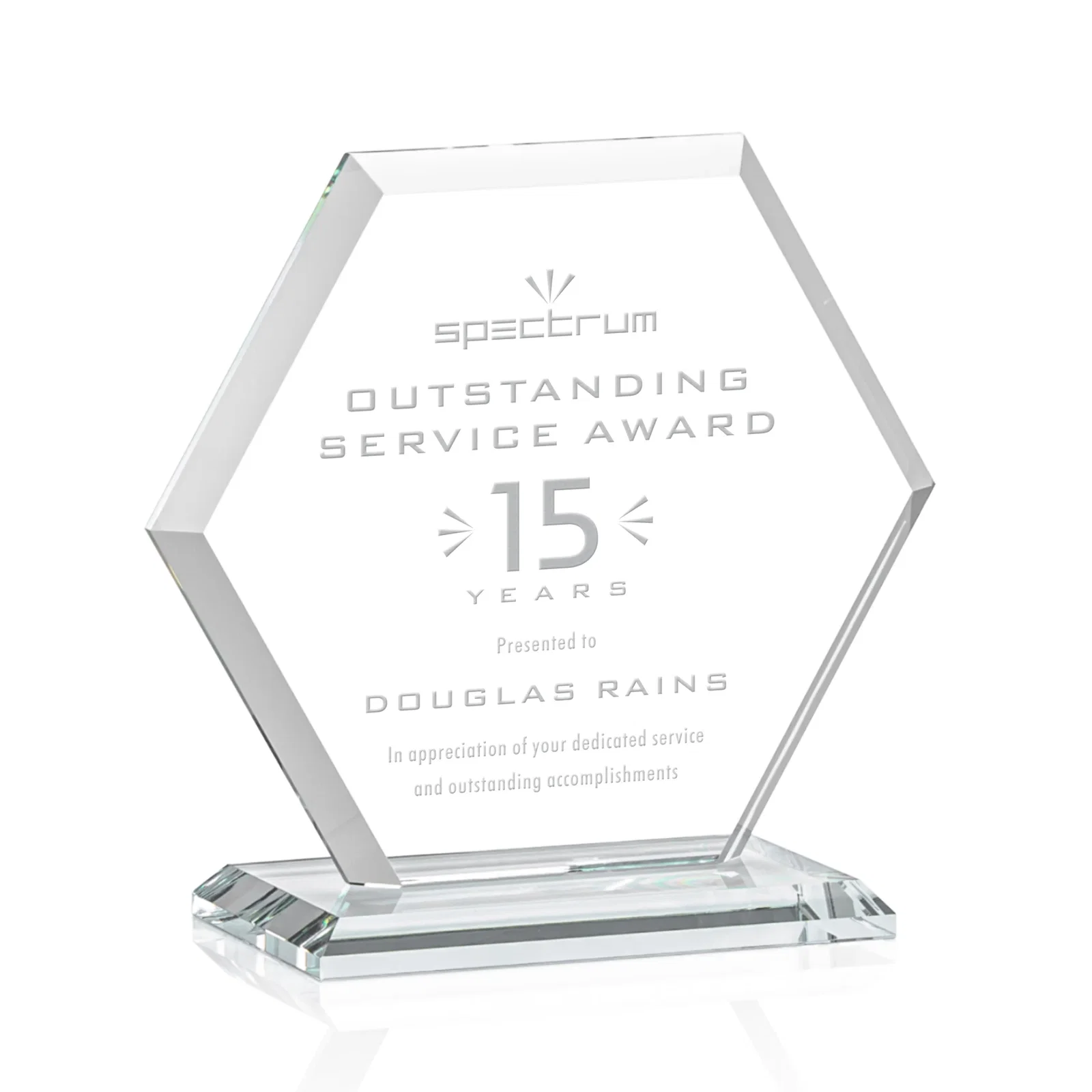 Branded Starfire Crystal Hexagon Award with Deep Mitered Edges for volunteer appreciation