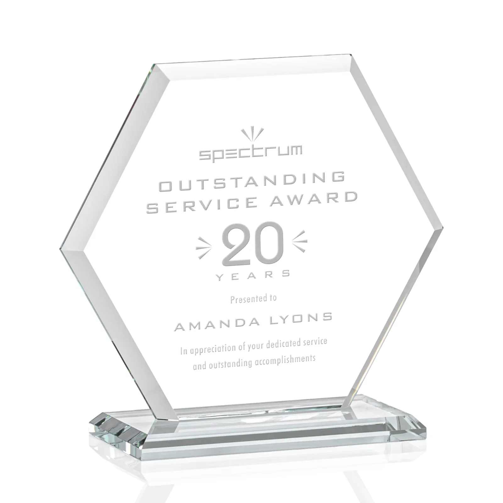 Branded Starfire Crystal Hexagon Award with Deep Mitered Edges for dealer and partner awards