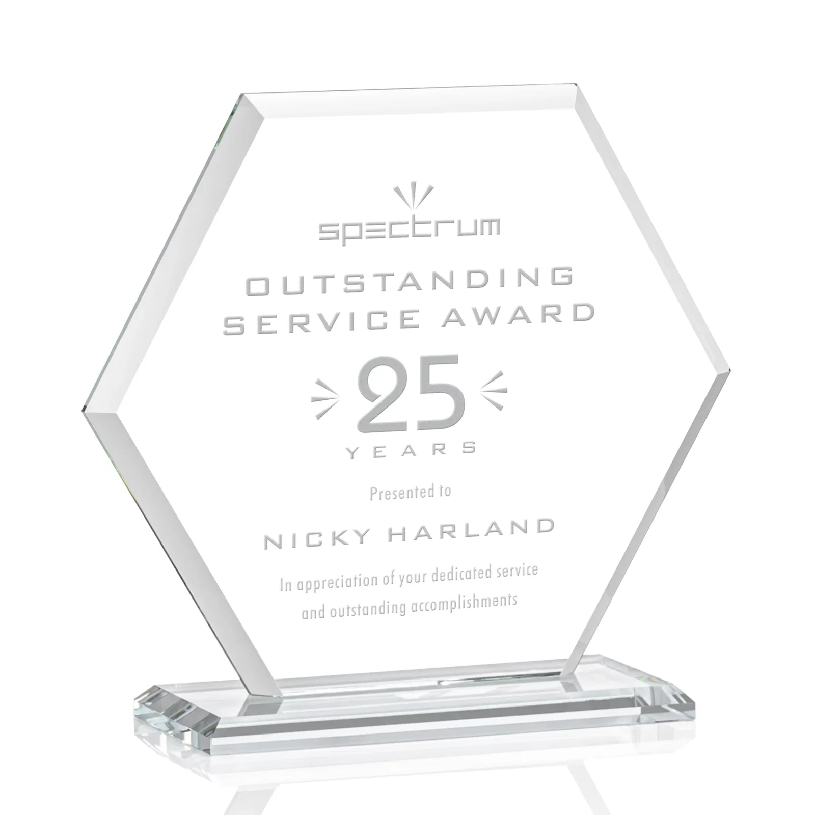 Branded Starfire Crystal Hexagon Award with Deep Mitered Edges for company anniversary events