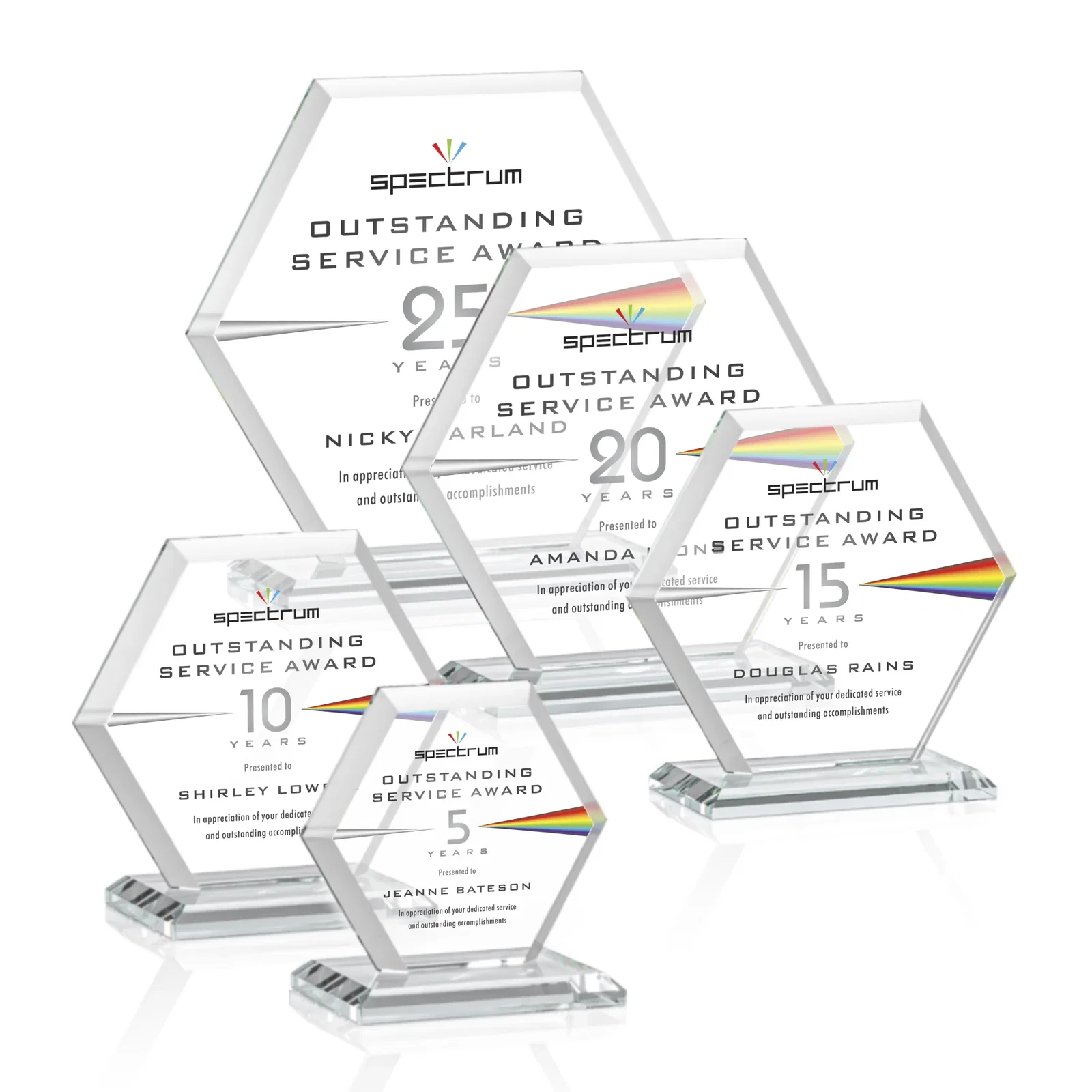 Custom printed Starfire Crystal Hexagon Award with Deep Mitered Edges for employee recognition