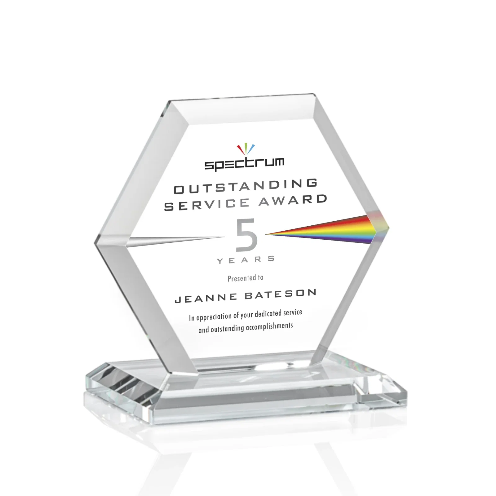 Custom printed Starfire Crystal Hexagon Award with Deep Mitered Edges for corporate award ceremonies