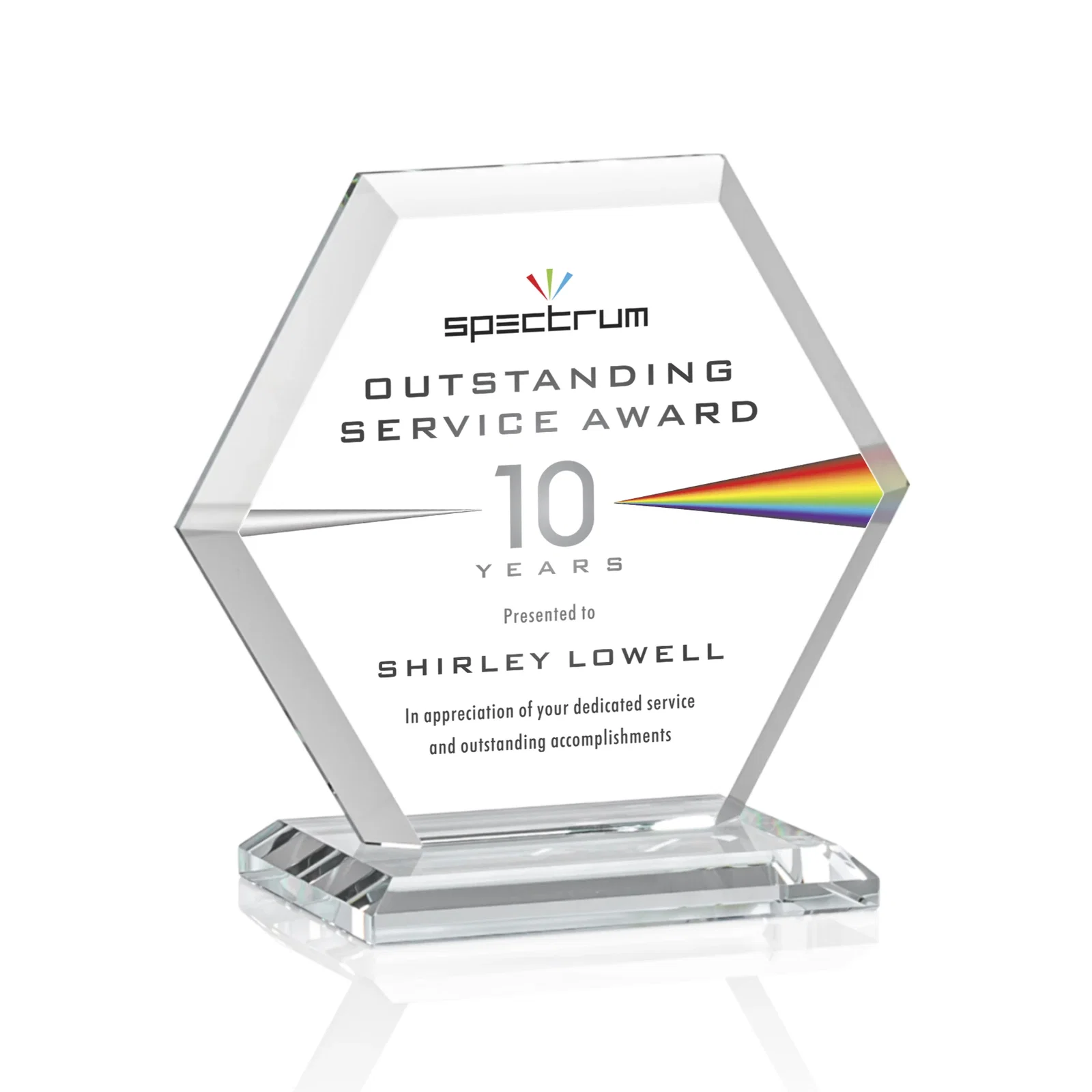 Custom printed Starfire Crystal Hexagon Award with Deep Mitered Edges for service anniversary gifts