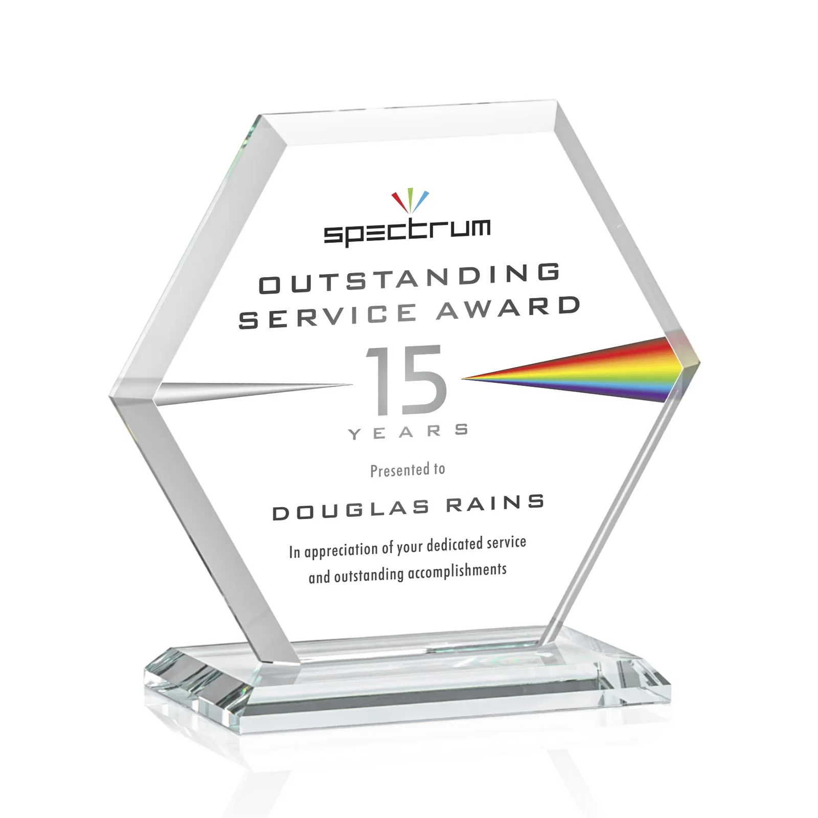 Custom printed Starfire Crystal Hexagon Award with Deep Mitered Edges for sales achievement awards