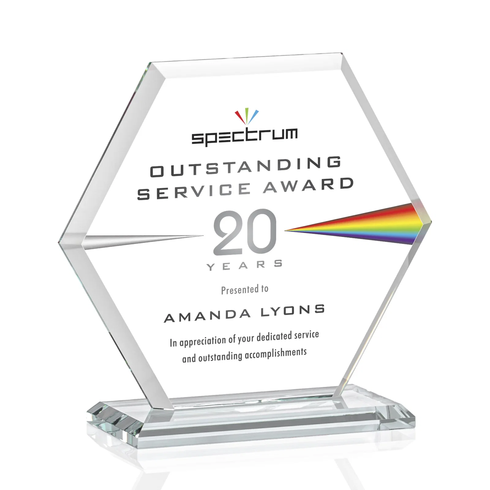 Custom printed Starfire Crystal Hexagon Award with Deep Mitered Edges for retirement presentations