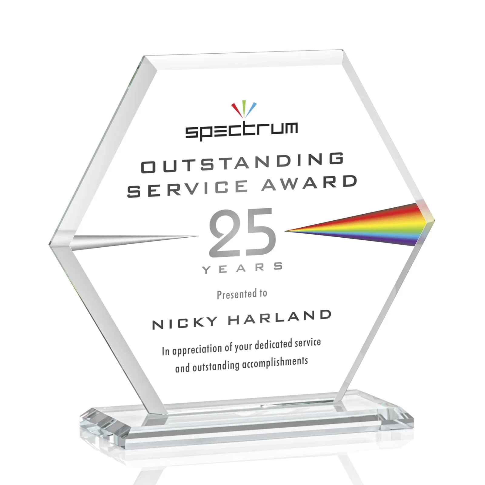 Custom printed Starfire Crystal Hexagon Award with Deep Mitered Edges for team milestone celebrations