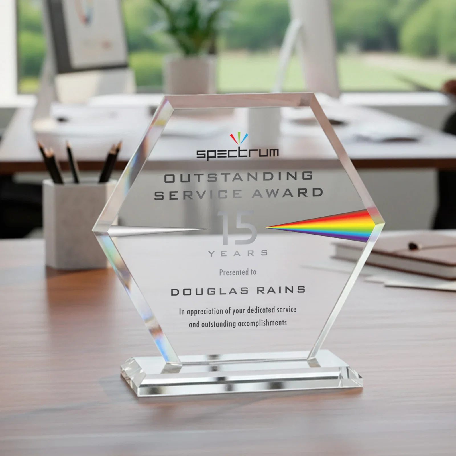 Custom printed Starfire Crystal Hexagon Award with Deep Mitered Edges for donor appreciation
