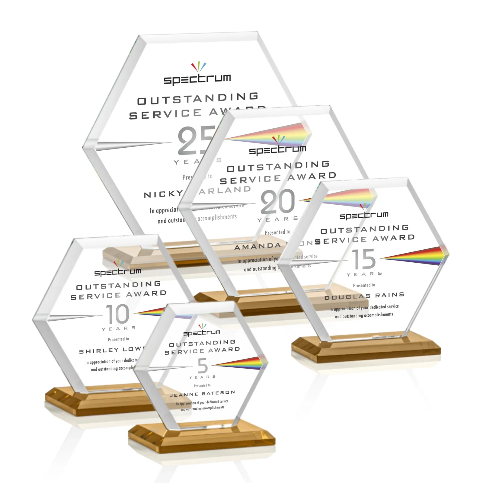 Custom printed Starfire Crystal Hexagon Award with Deep Mitered Edges for graduation ceremonies