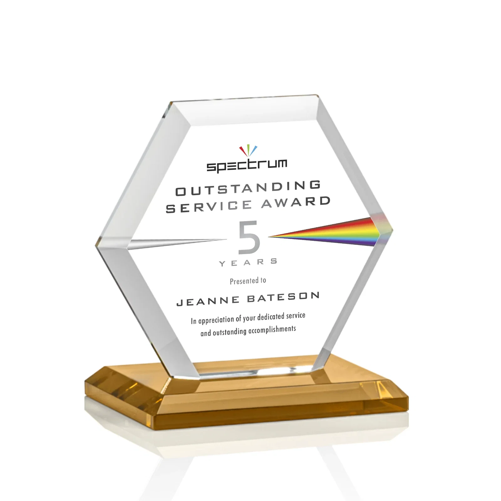 Custom printed Starfire Crystal Hexagon Award with Deep Mitered Edges for safety achievement programs