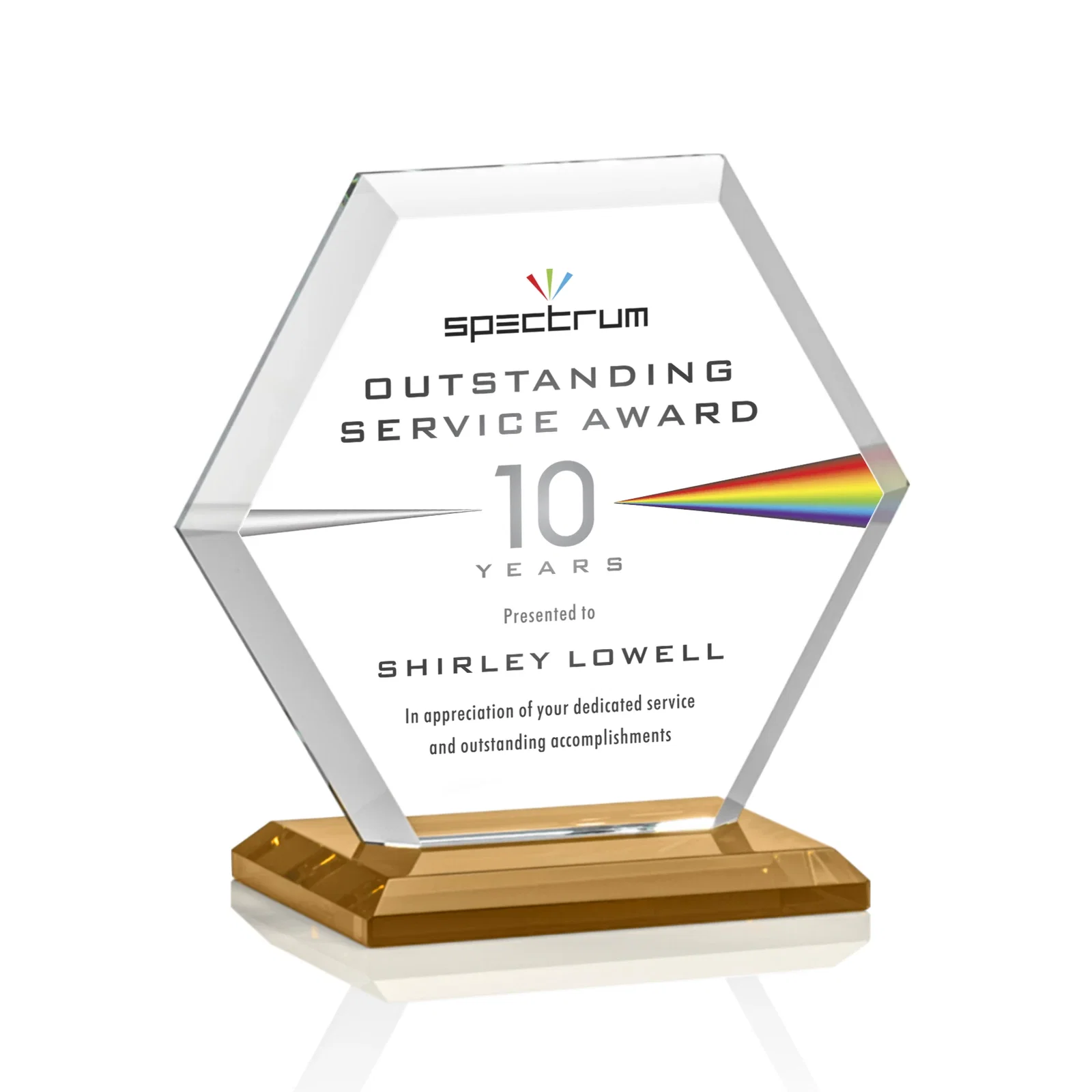 Custom printed Starfire Crystal Hexagon Award with Deep Mitered Edges for volunteer appreciation