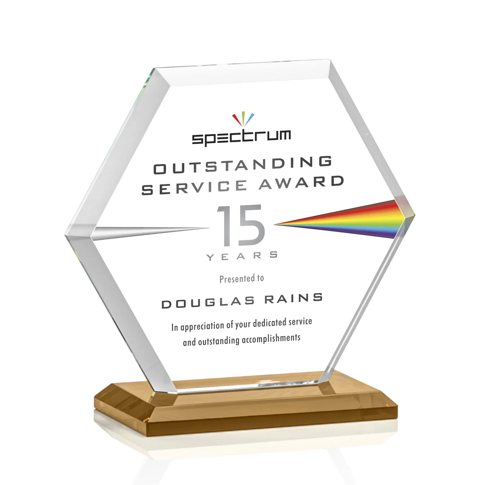 Custom printed Starfire Crystal Hexagon Award with Deep Mitered Edges for dealer and partner awards