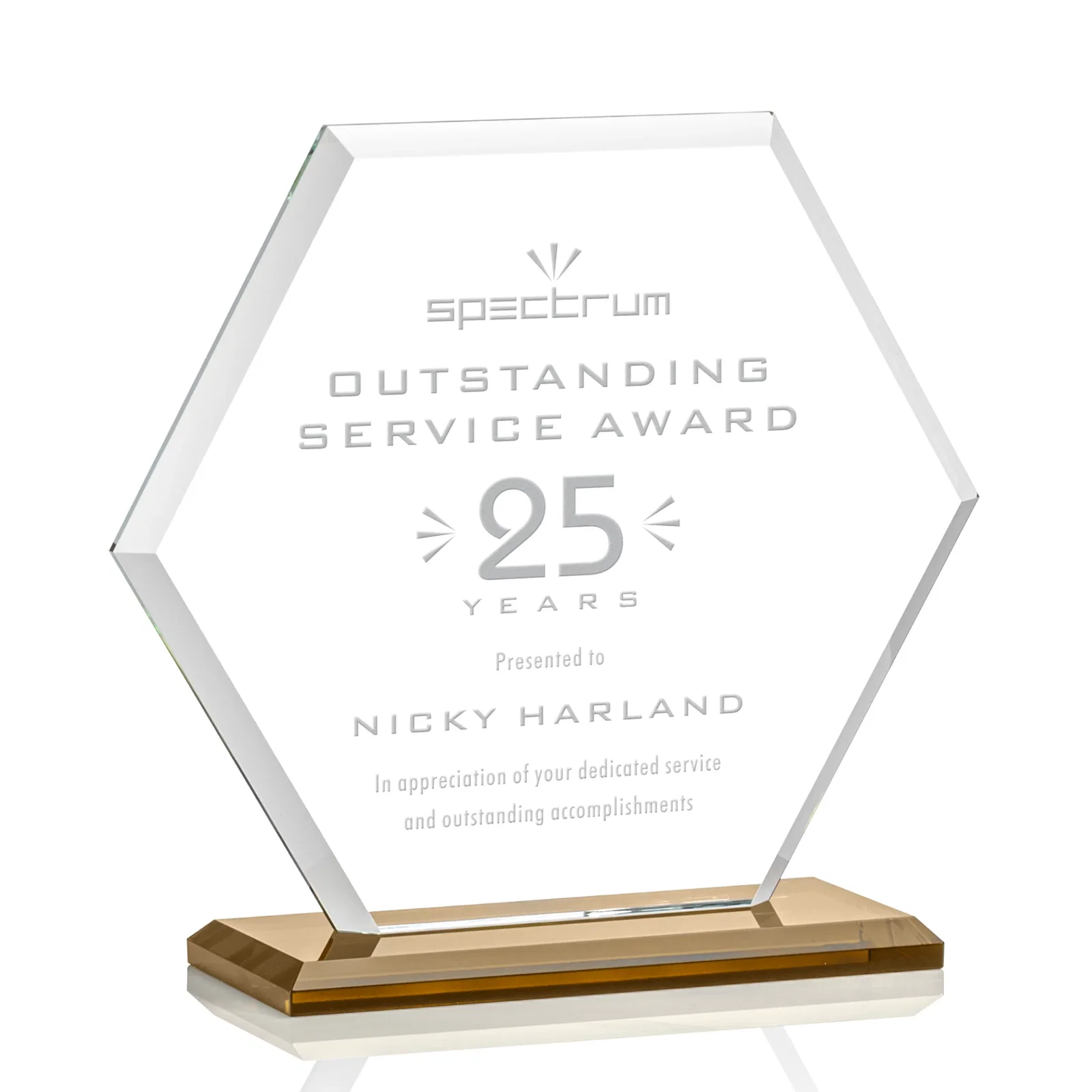 Custom Starfire Crystal Hexagon Award with Deep Mitered Edges for team milestone celebrations