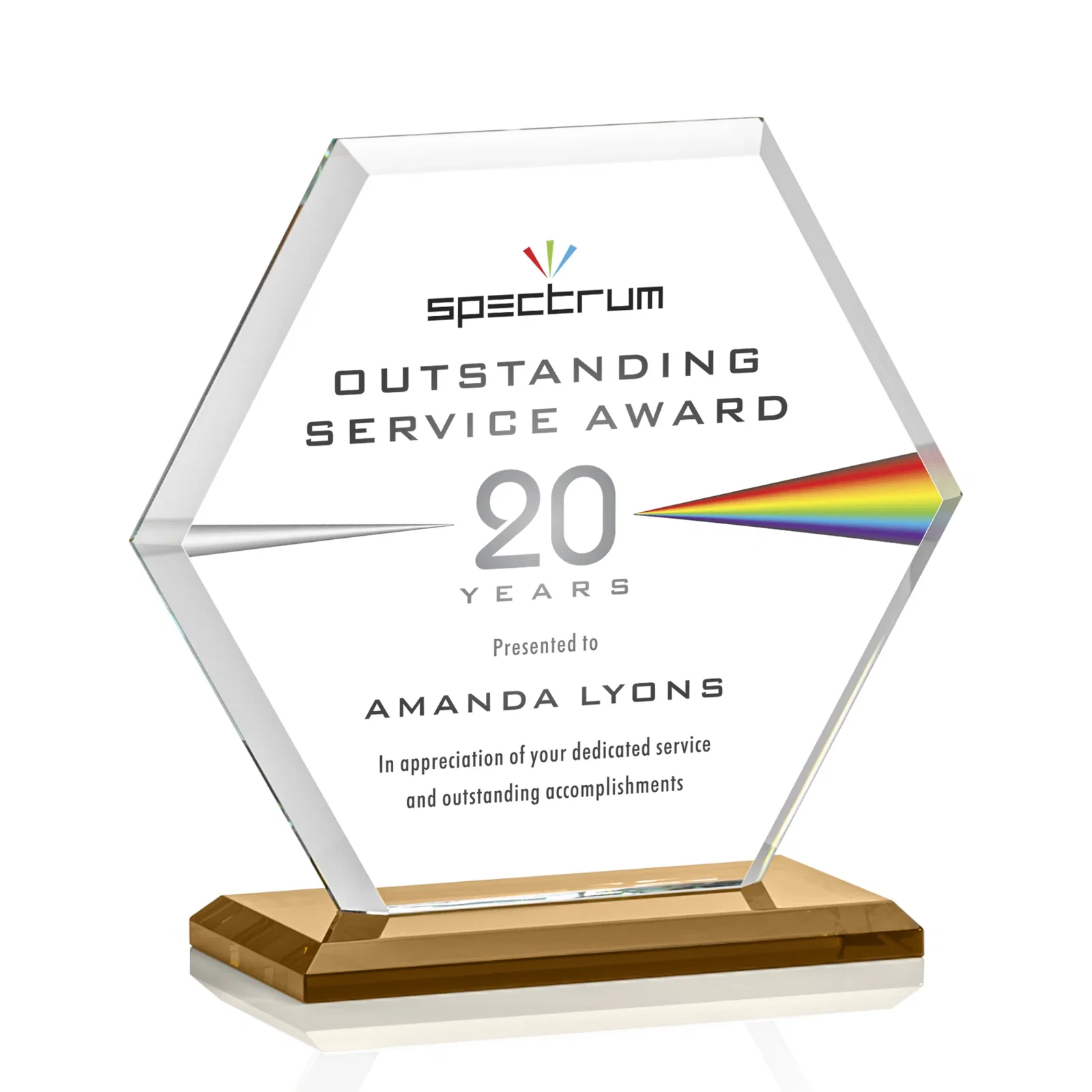 Custom printed Starfire Crystal Hexagon Award with Deep Mitered Edges for company anniversary events
