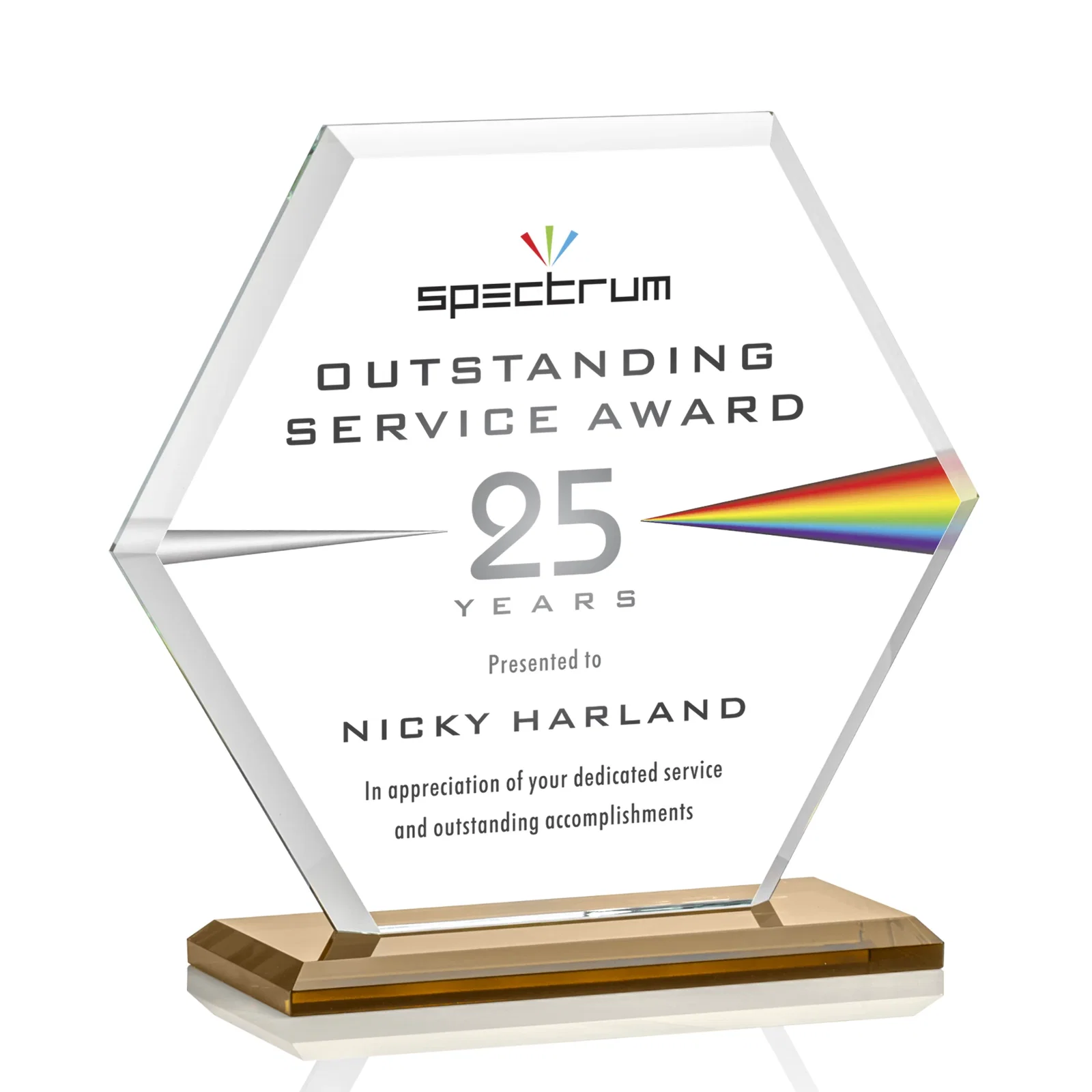 Customized Starfire Crystal Hexagon Award with Deep Mitered Edges for employee recognition