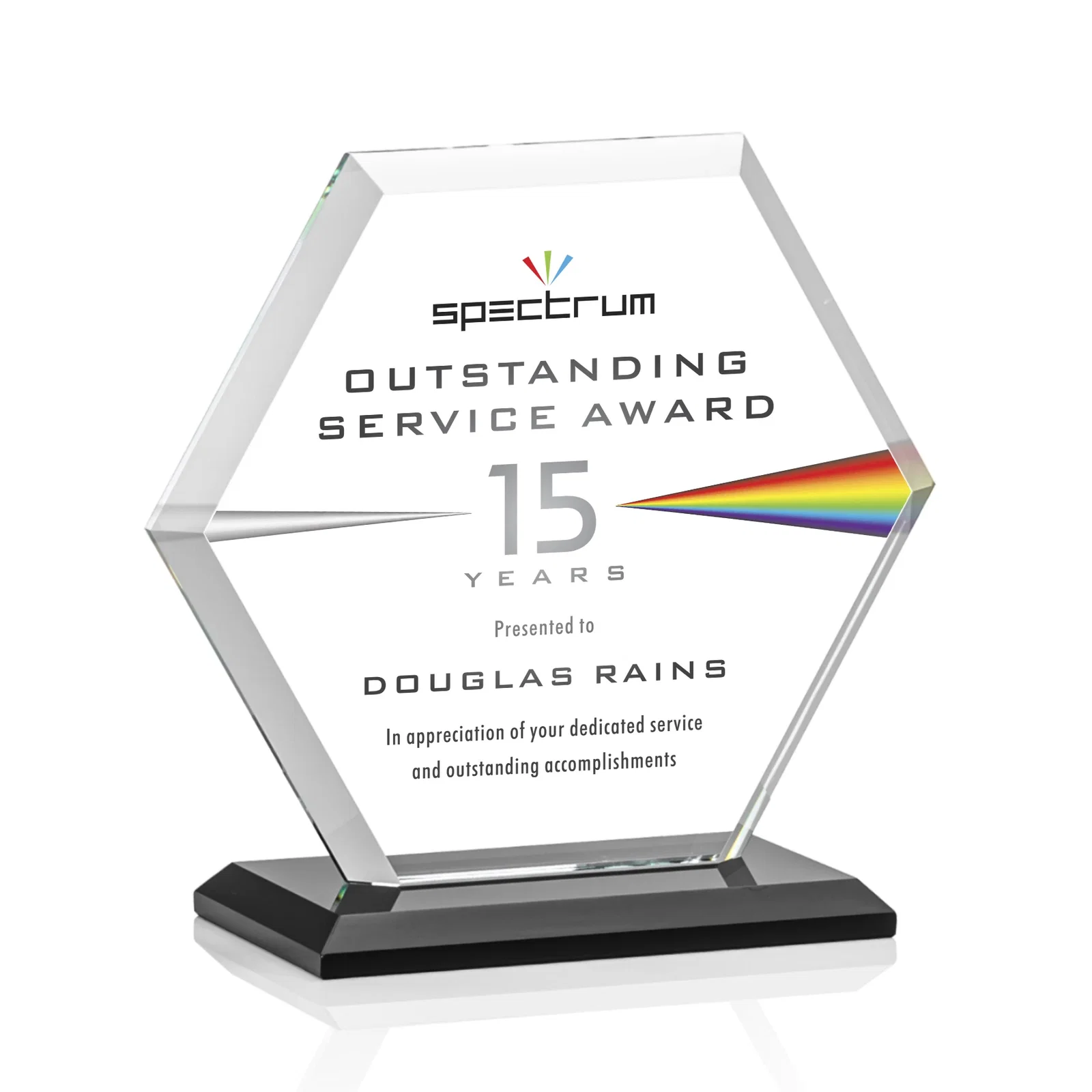Customized Starfire Crystal Hexagon Award with Deep Mitered Edges for retirement presentations