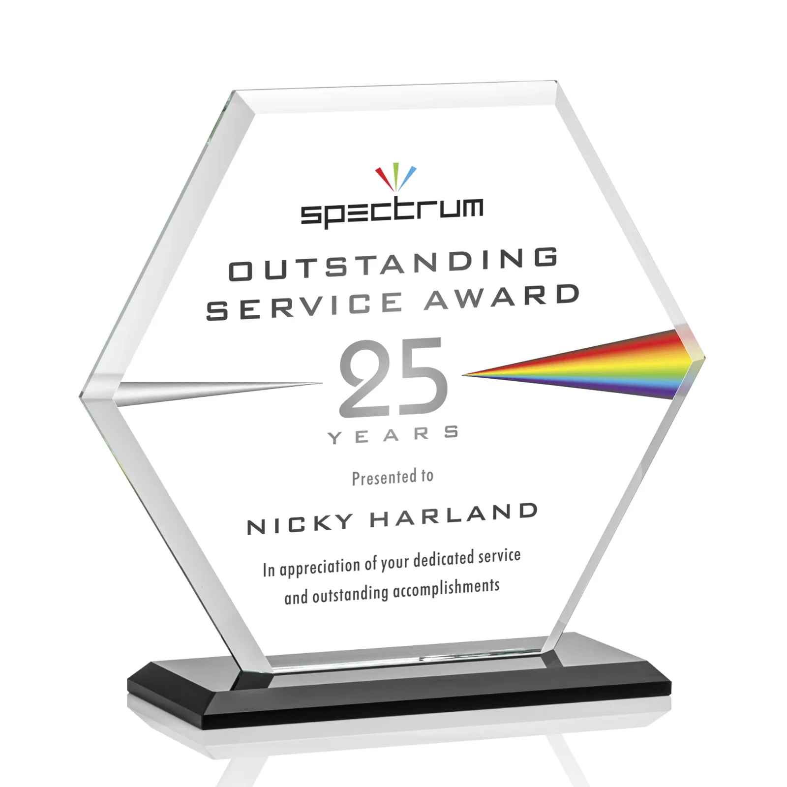Customized Starfire Crystal Hexagon Award with Deep Mitered Edges for donor appreciation