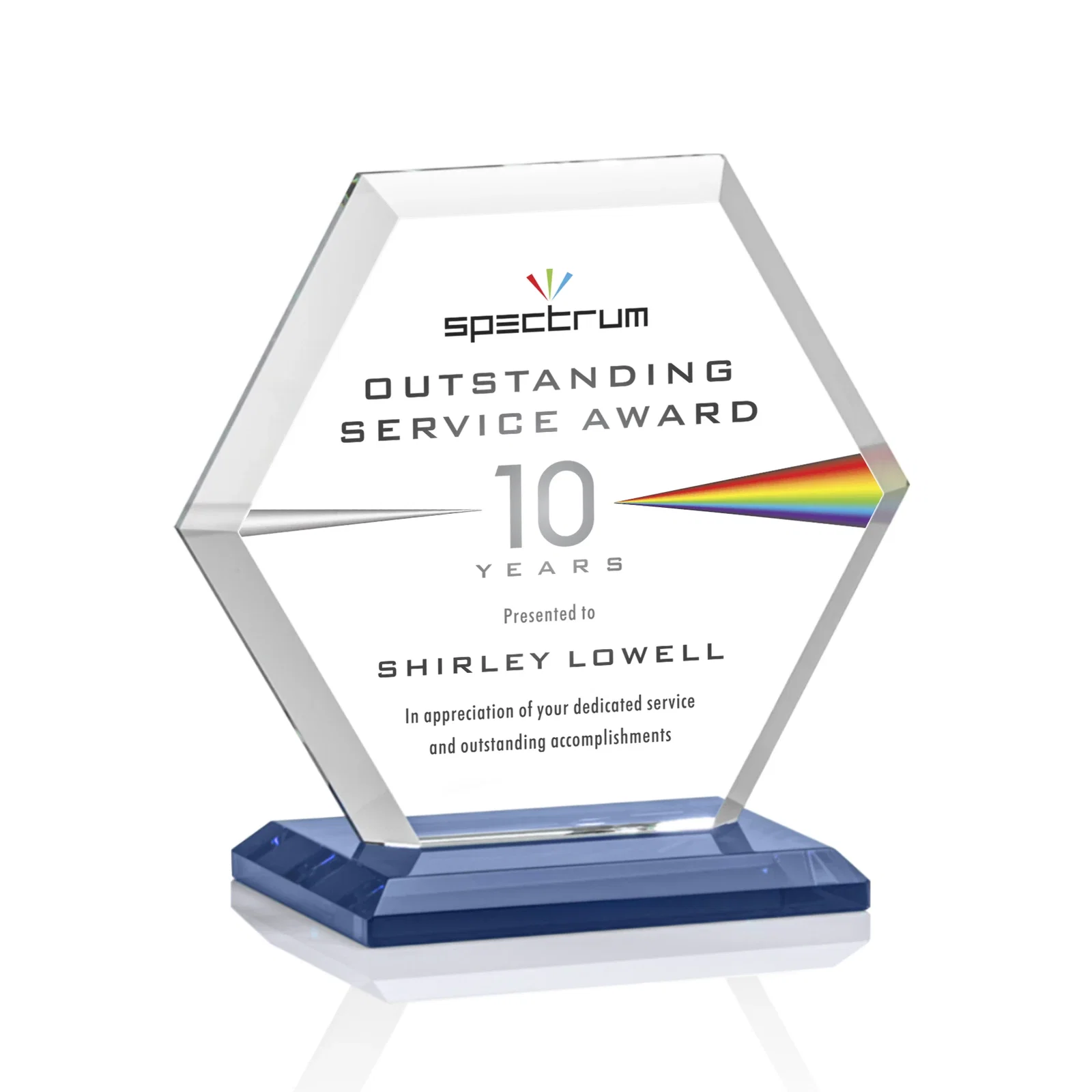 Customized Starfire Crystal Hexagon Award with Deep Mitered Edges for volunteer appreciation