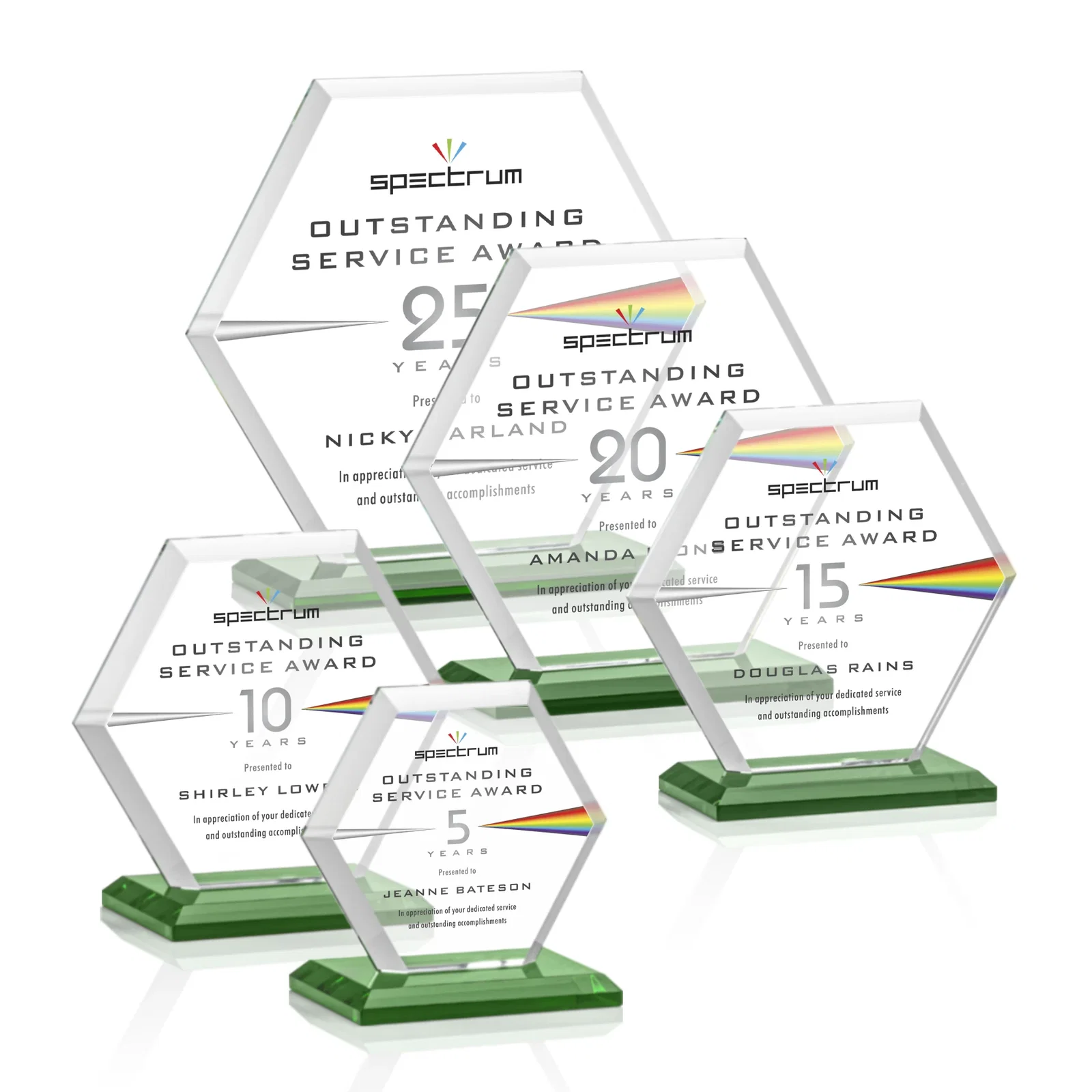 Custom engraved Starfire Crystal Hexagon Award with Deep Mitered Edges for corporate award ceremonies