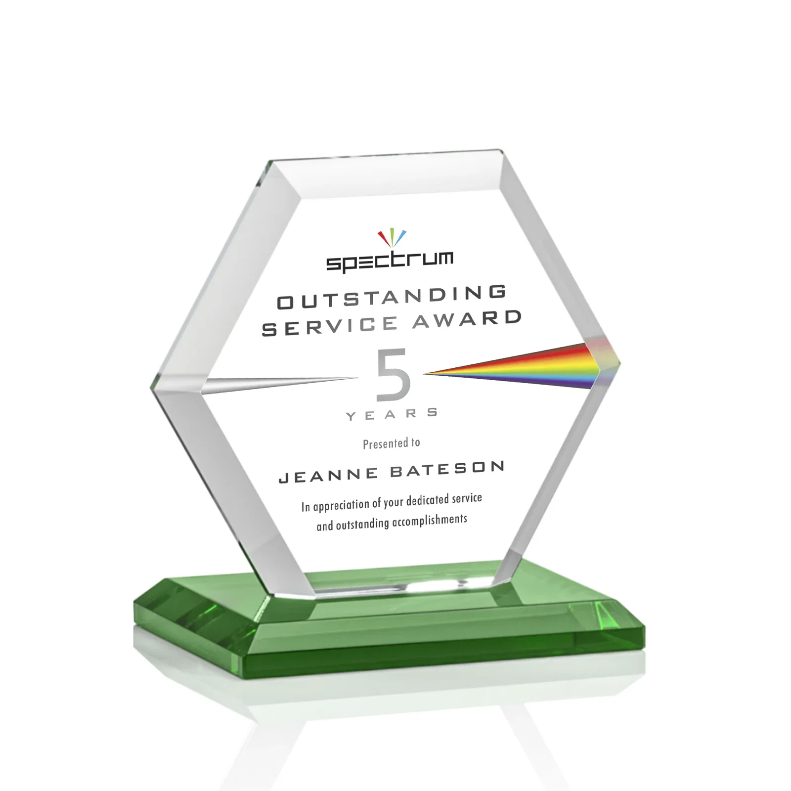 Custom engraved Starfire Crystal Hexagon Award with Deep Mitered Edges for service anniversary gifts