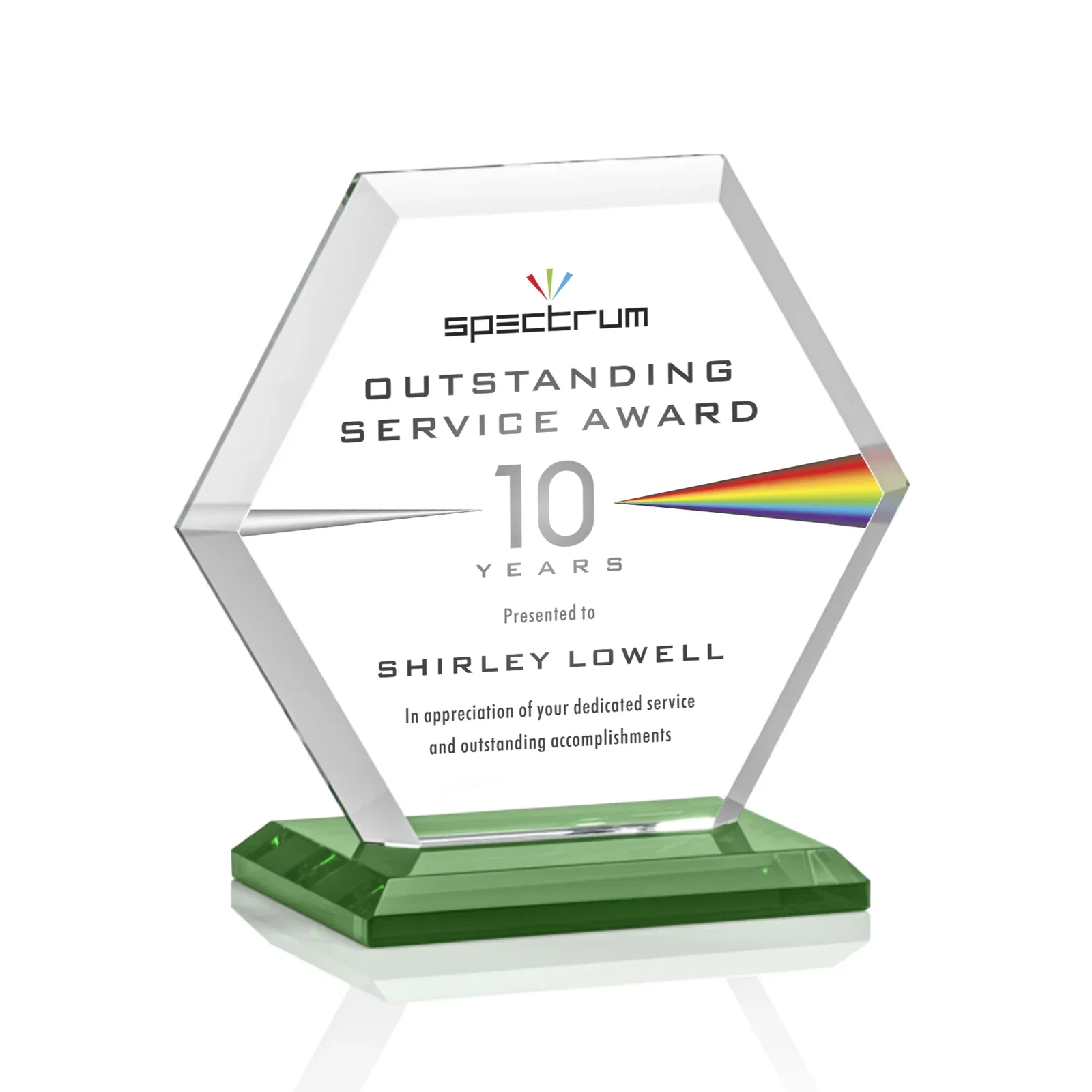 Custom engraved Starfire Crystal Hexagon Award with Deep Mitered Edges for sales achievement awards