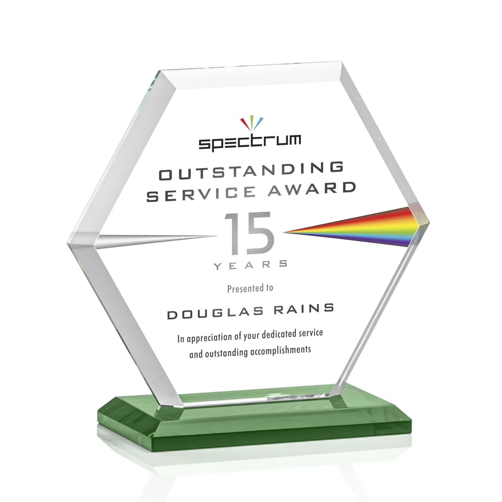Custom engraved Starfire Crystal Hexagon Award with Deep Mitered Edges for retirement presentations