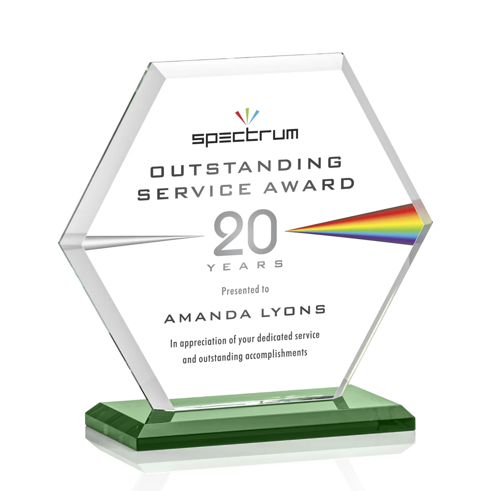 Custom engraved Starfire Crystal Hexagon Award with Deep Mitered Edges for team milestone celebrations