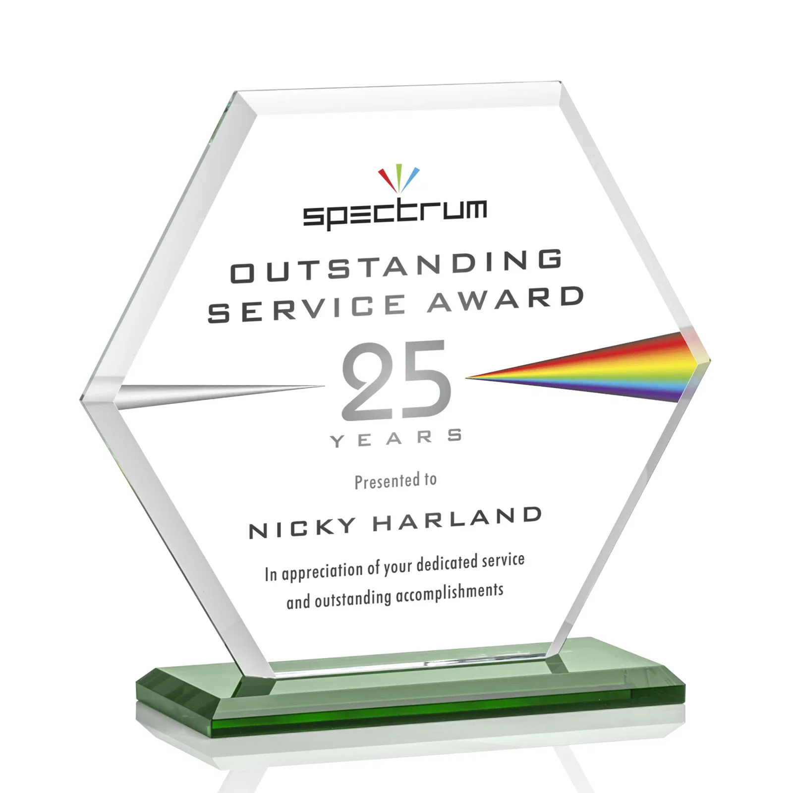 Custom engraved Starfire Crystal Hexagon Award with Deep Mitered Edges for donor appreciation