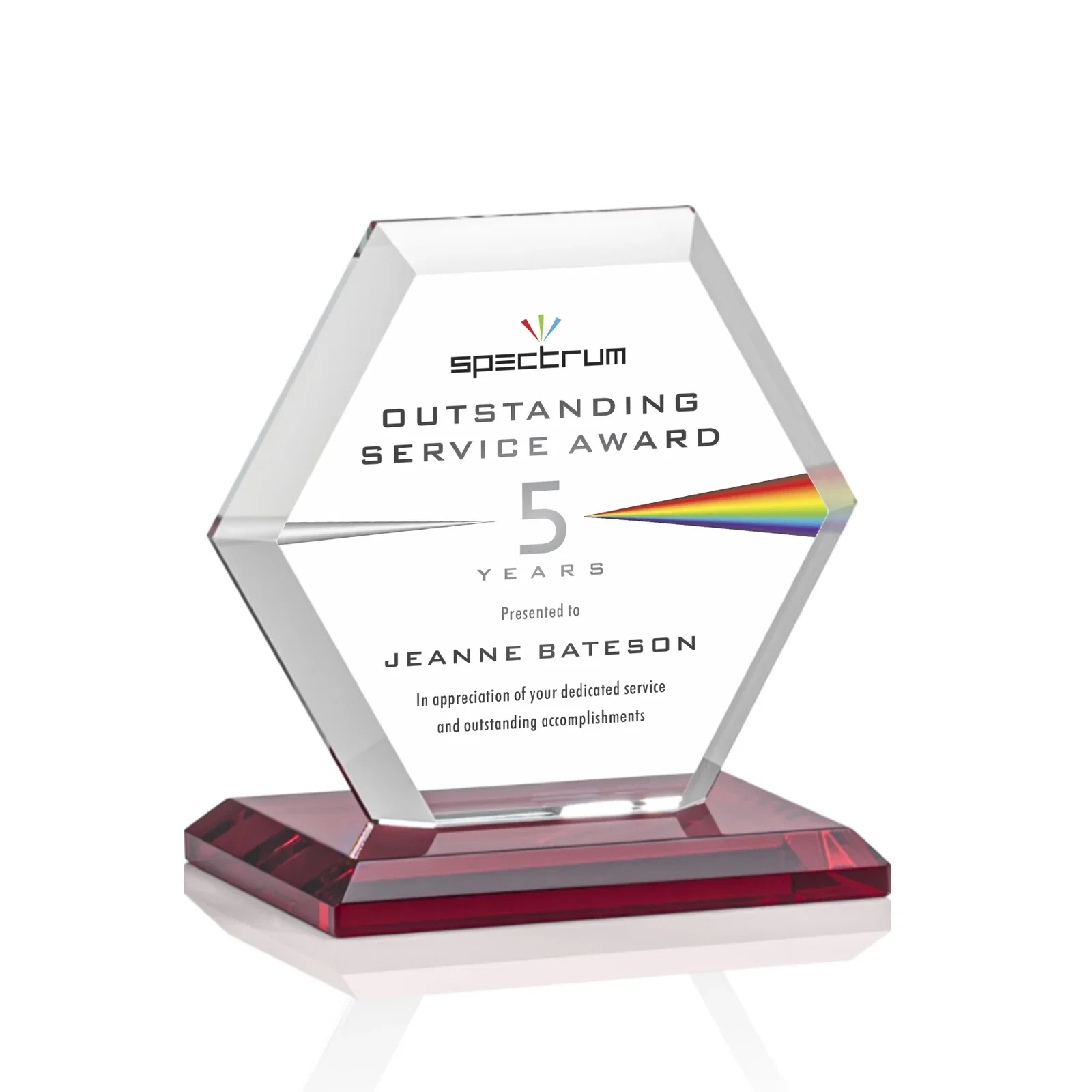 Custom engraved Starfire Crystal Hexagon Award with Deep Mitered Edges for safety achievement programs