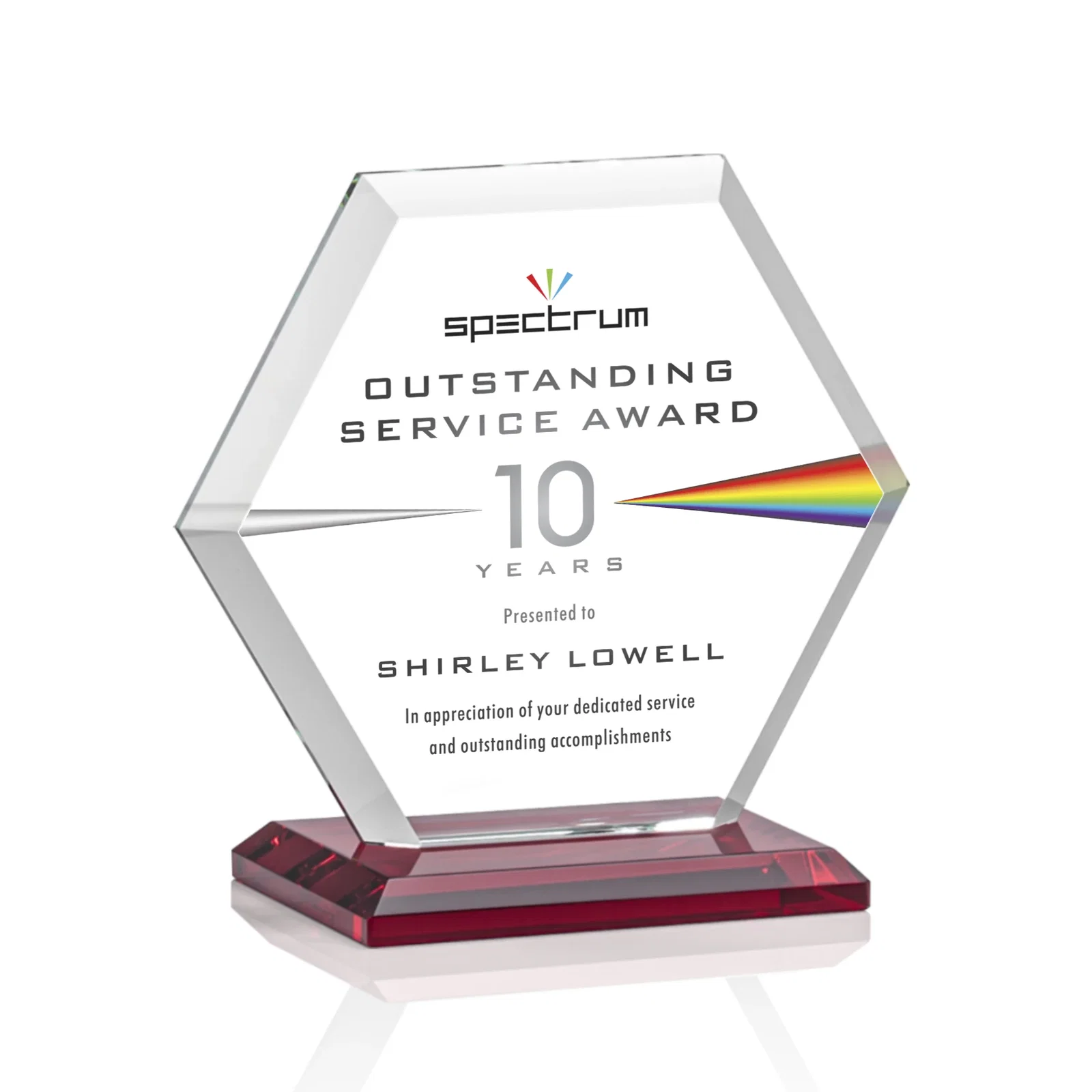 Custom engraved Starfire Crystal Hexagon Award with Deep Mitered Edges for volunteer appreciation