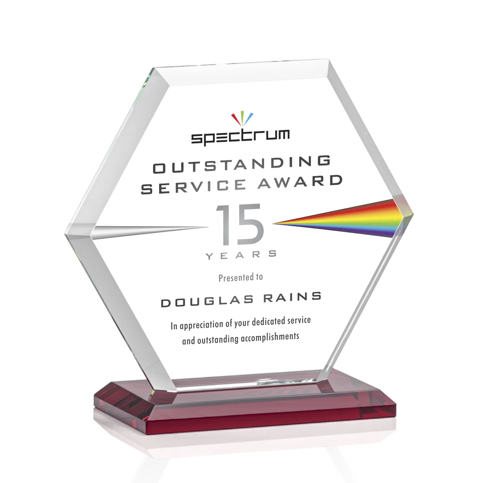 Custom engraved Starfire Crystal Hexagon Award with Deep Mitered Edges for dealer and partner awards