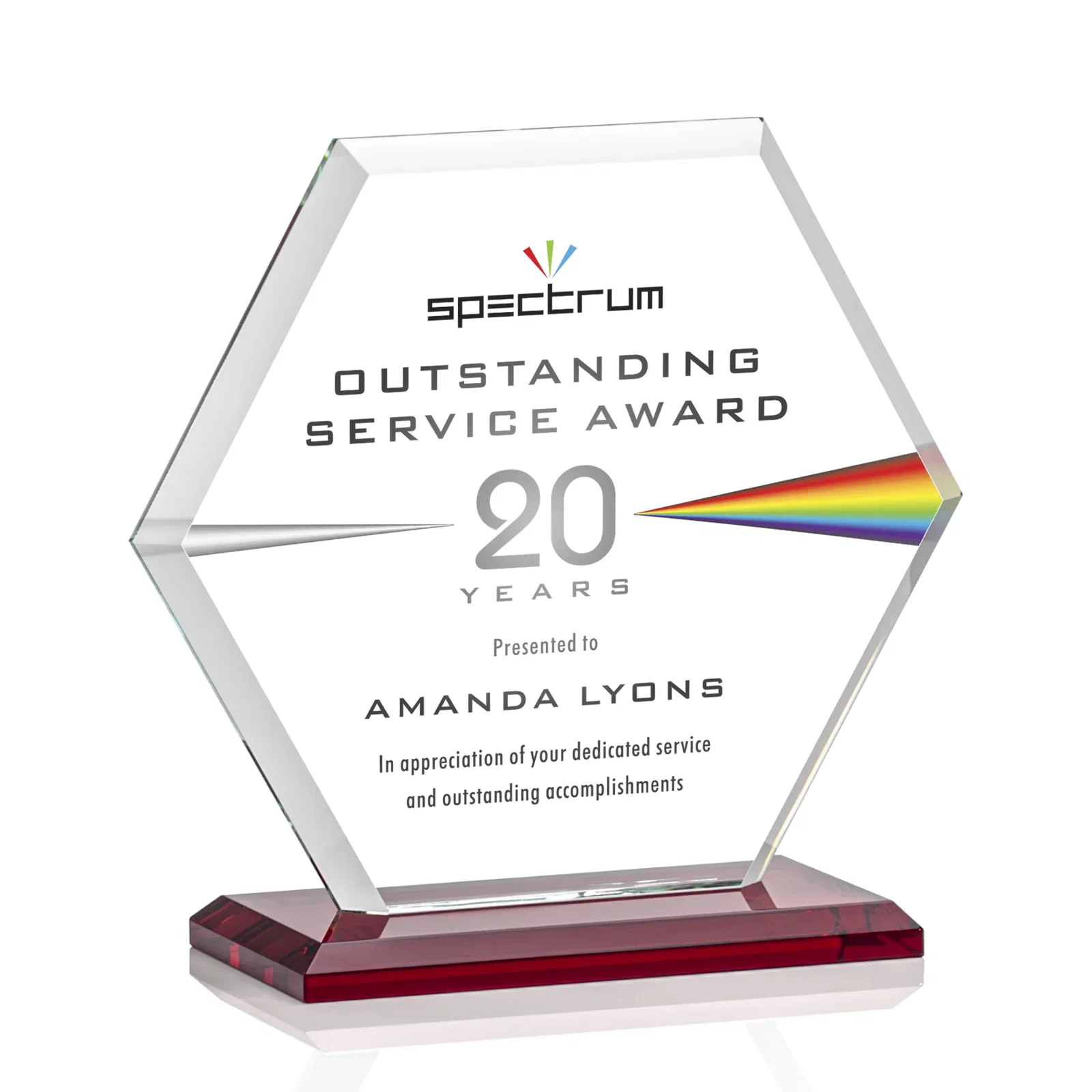 Custom engraved Starfire Crystal Hexagon Award with Deep Mitered Edges for company anniversary events
