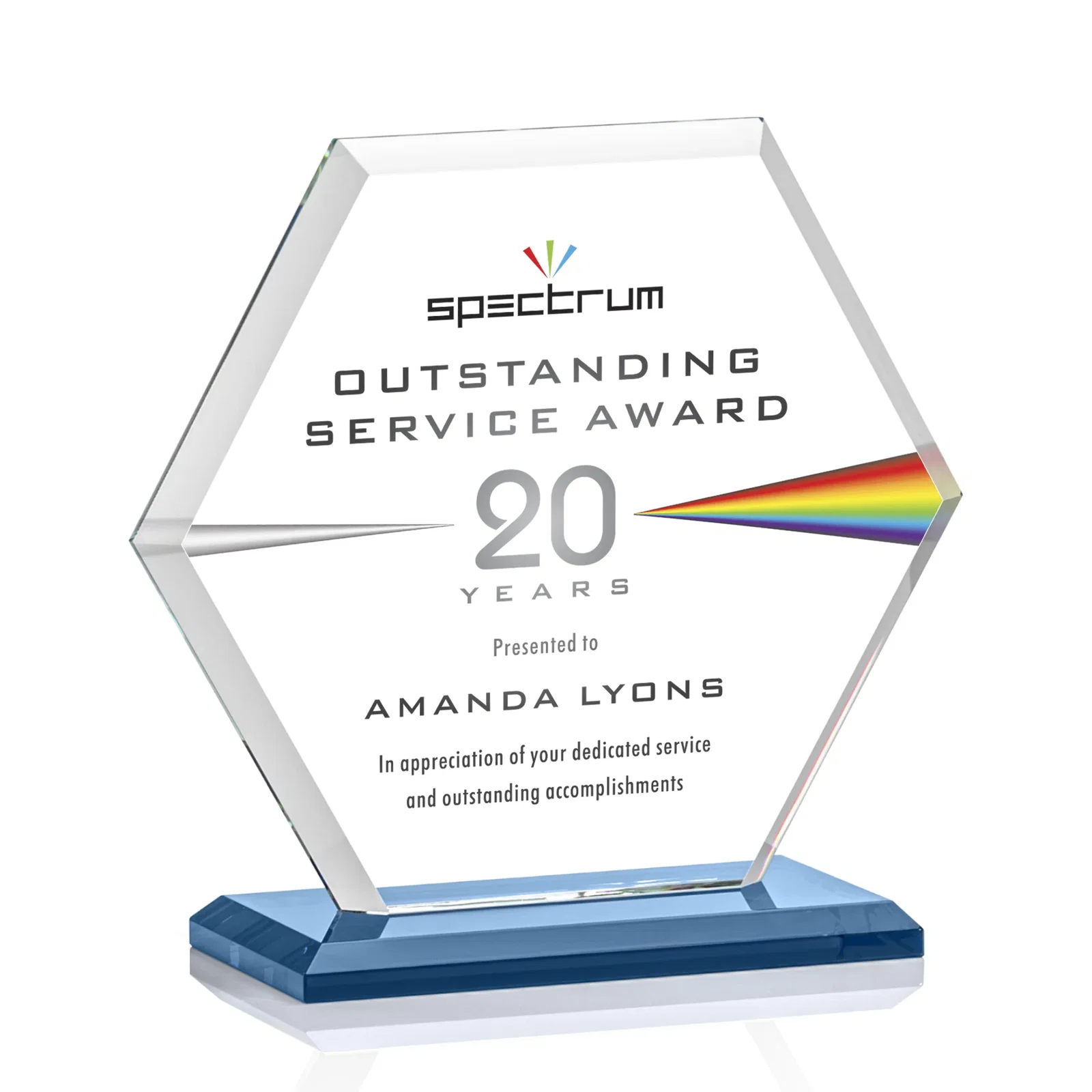 Custom Starfire Crystal Hexagon Award with Deep Mitered Edges, with your logo for team milestone celebrations