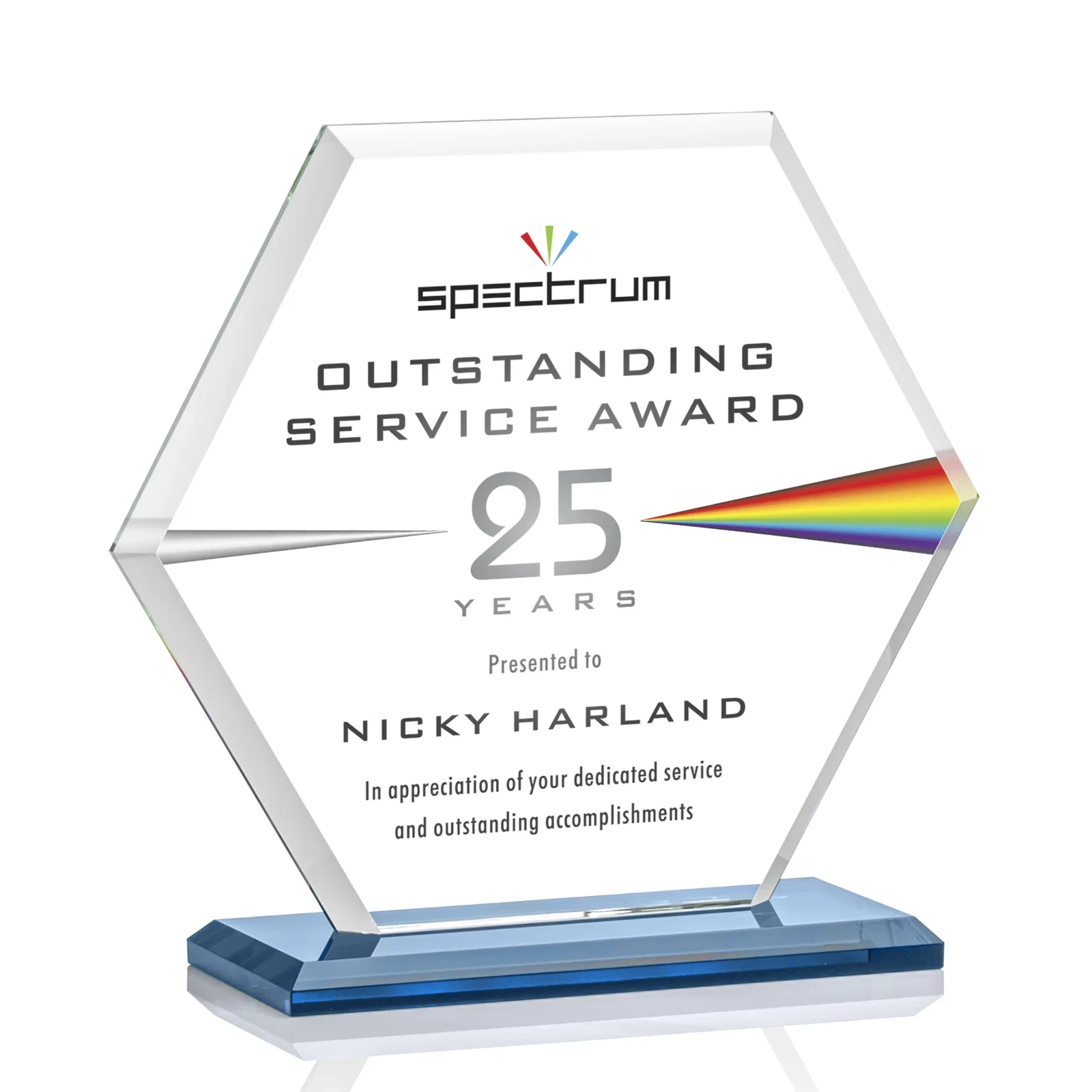 Custom Starfire Crystal Hexagon Award with Deep Mitered Edges, with your logo for donor appreciation