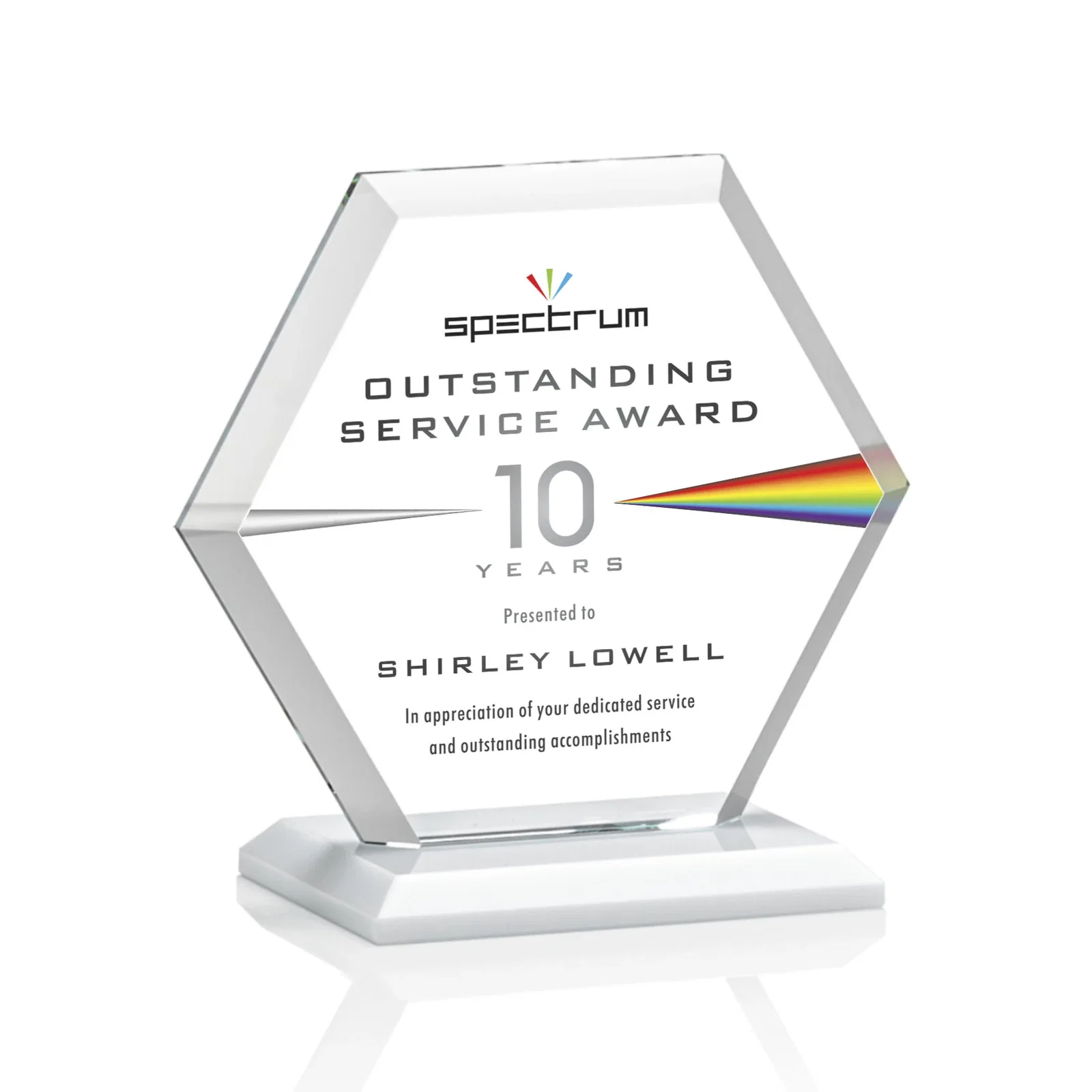 Custom Starfire Crystal Hexagon Award with Deep Mitered Edges, with your logo for volunteer appreciation
