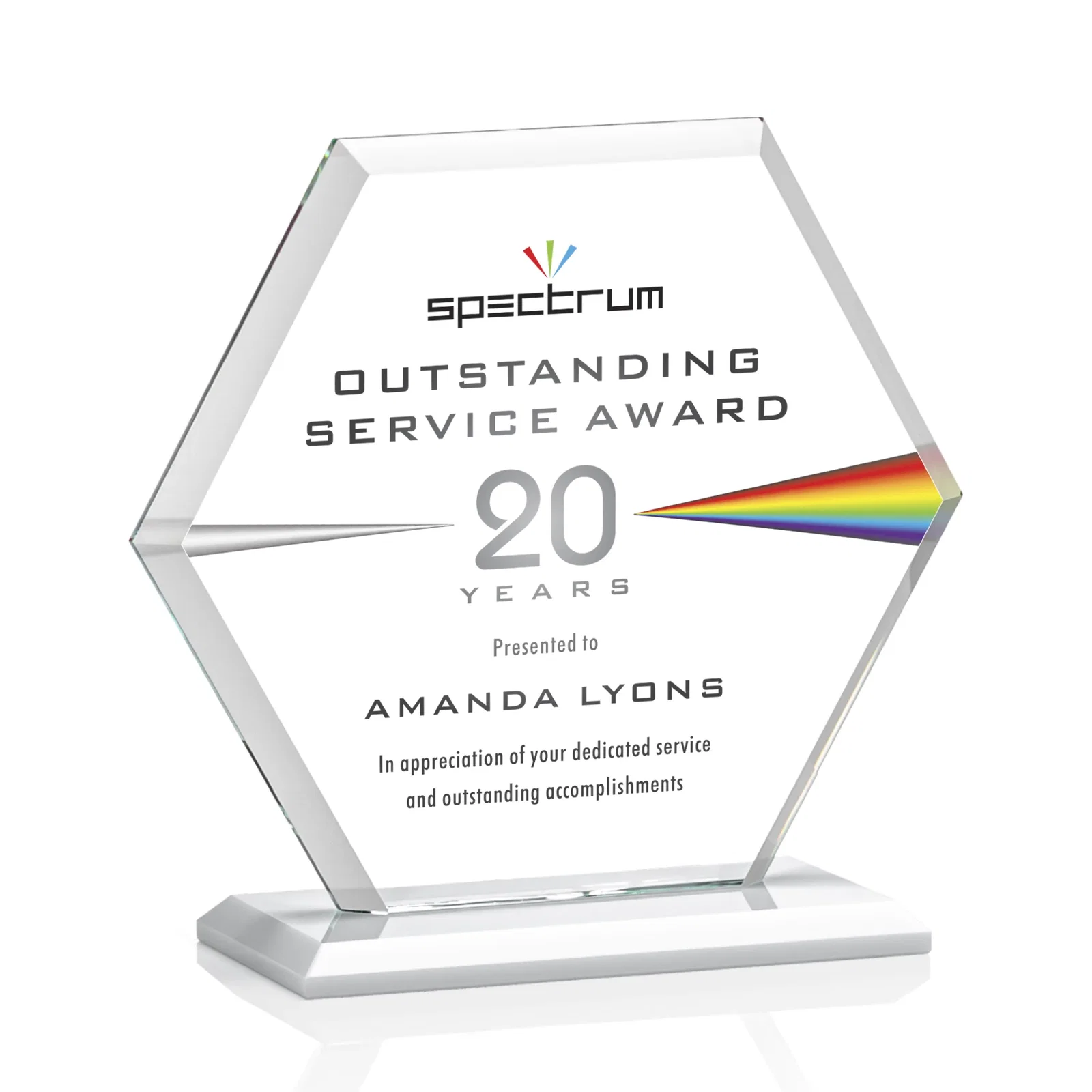 Custom Starfire Crystal Hexagon Award with Deep Mitered Edges, with your logo for company anniversary events