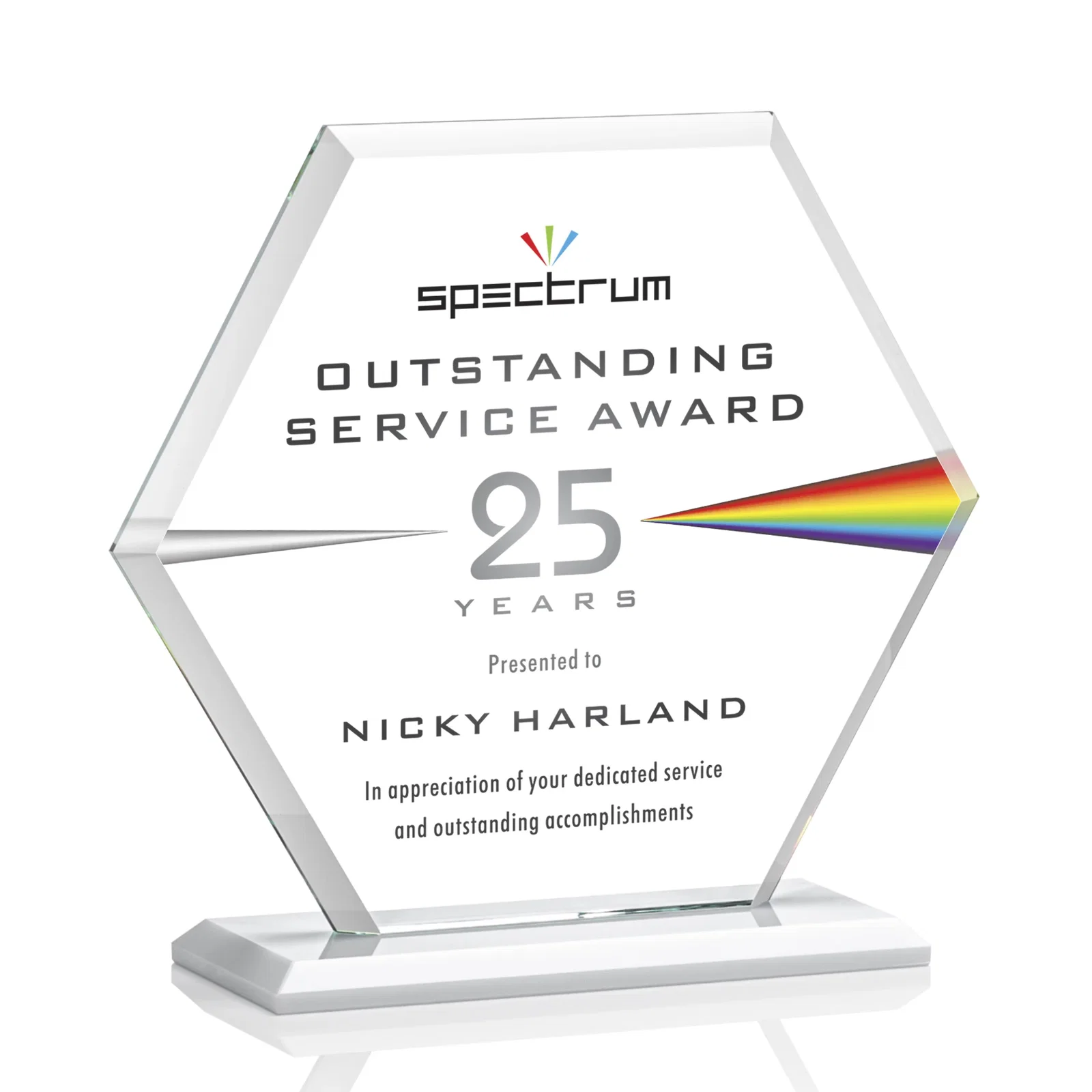 Personalized Starfire Crystal Hexagon Award with Deep Mitered Edges, with your logo for employee recognition
