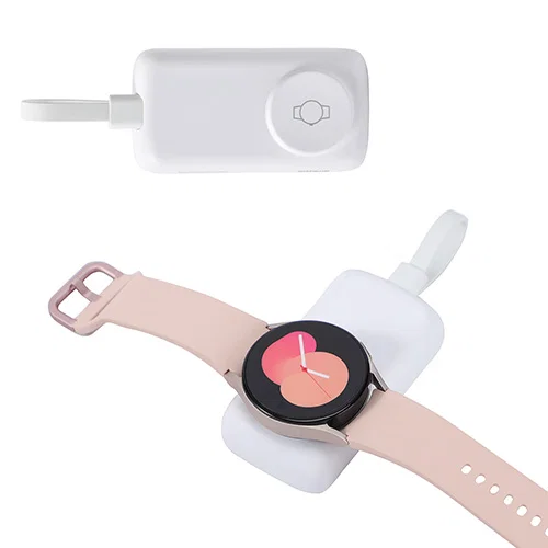 Baron promotional logo power bank showing built-in cable, side view