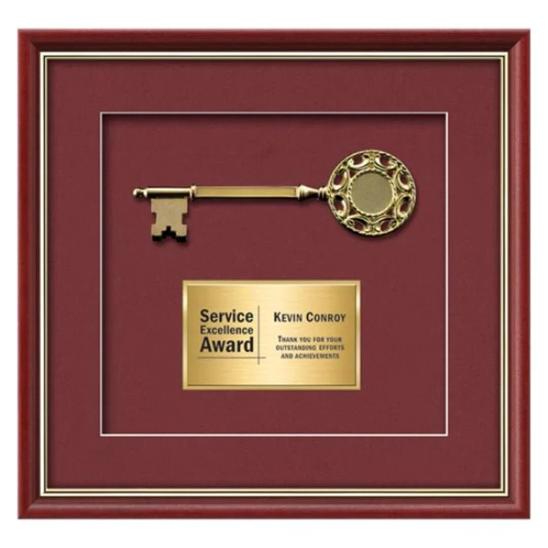 Custom Gold-Plated Cast Key Shadow Box Framed Award for employee recognition