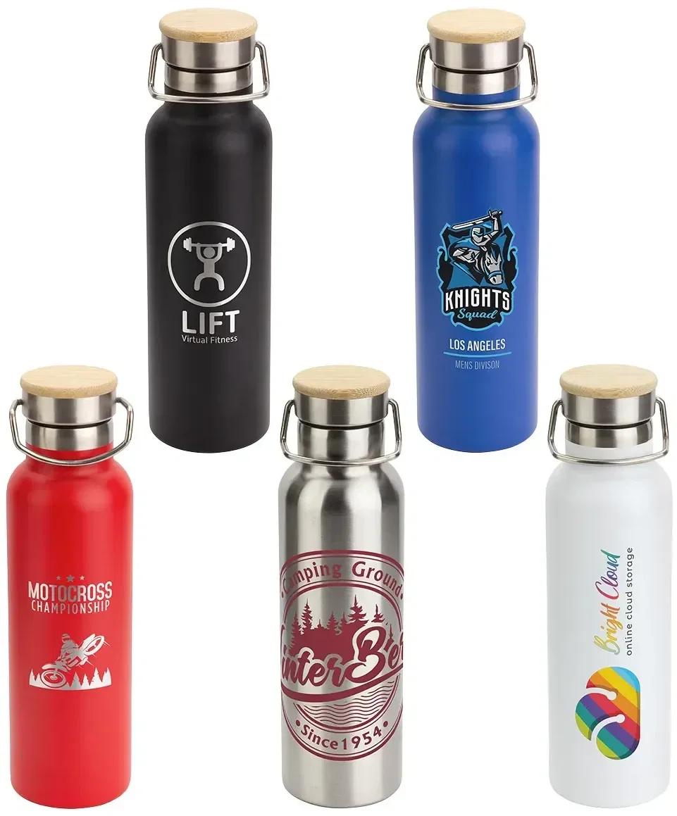 Custom Barona 20 oz bamboo-lid stainless bottle, front view of the branded water bottle