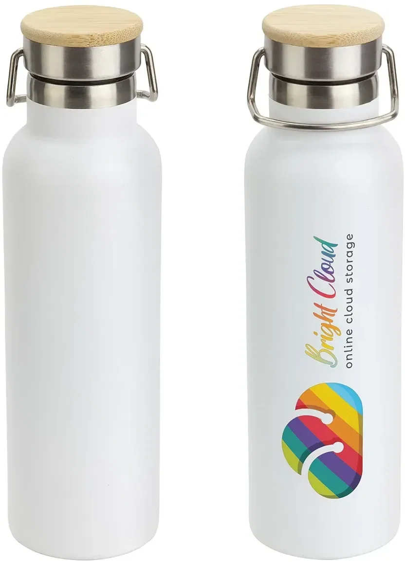 Branded Barona stainless bottle showing the bamboo lid, promotional logo drinkware