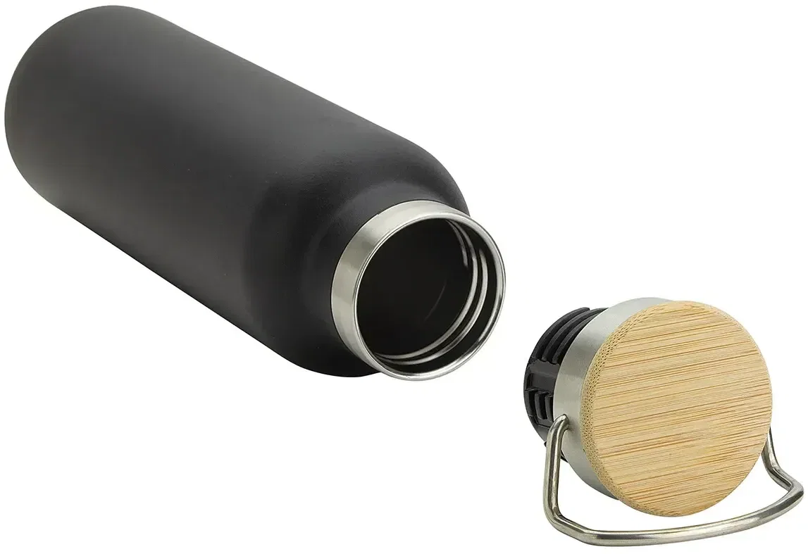 Custom Barona 20 oz bottle with the bamboo lid off, branded stainless water bottle